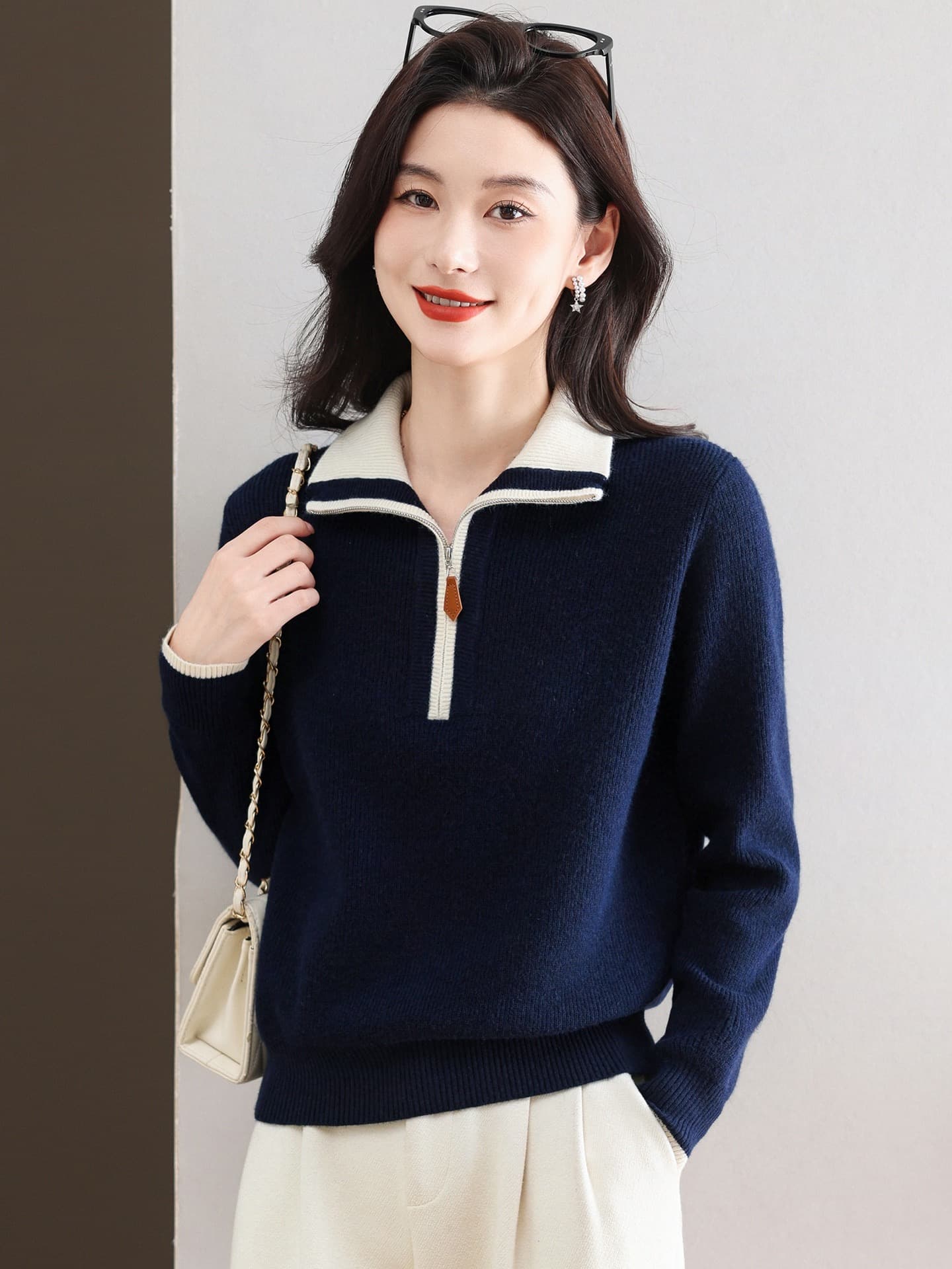 여성 의류 가을 겨울 폭발 하프 지퍼 폴로 칼라 니트 스웨터 두꺼운 인사이드 가져 가라. 루즈핏 만나는 털 셔츠 이미지 2