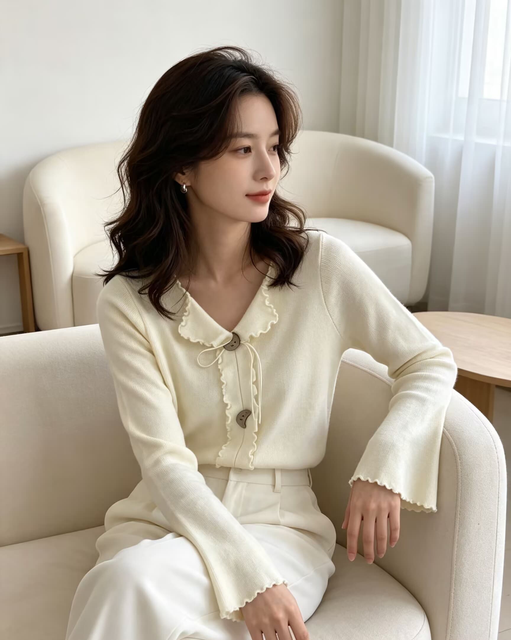 한 부서 연령 감소 다용도 프릴 V넥 다용도 니트 스웨터 여성 2026 년 가을 겨울 새로운 몸매 가꾸기 슬림해 보이는 맨위 이미지 3