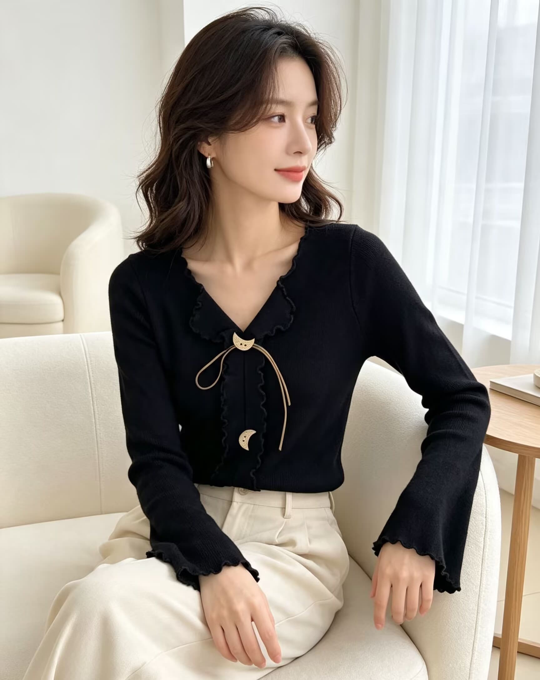 한 부서 연령 감소 다용도 프릴 V넥 다용도 니트 스웨터 여성 2026 년 가을 겨울 새로운 몸매 가꾸기 슬림해 보이는 맨위 상세 이미지 6