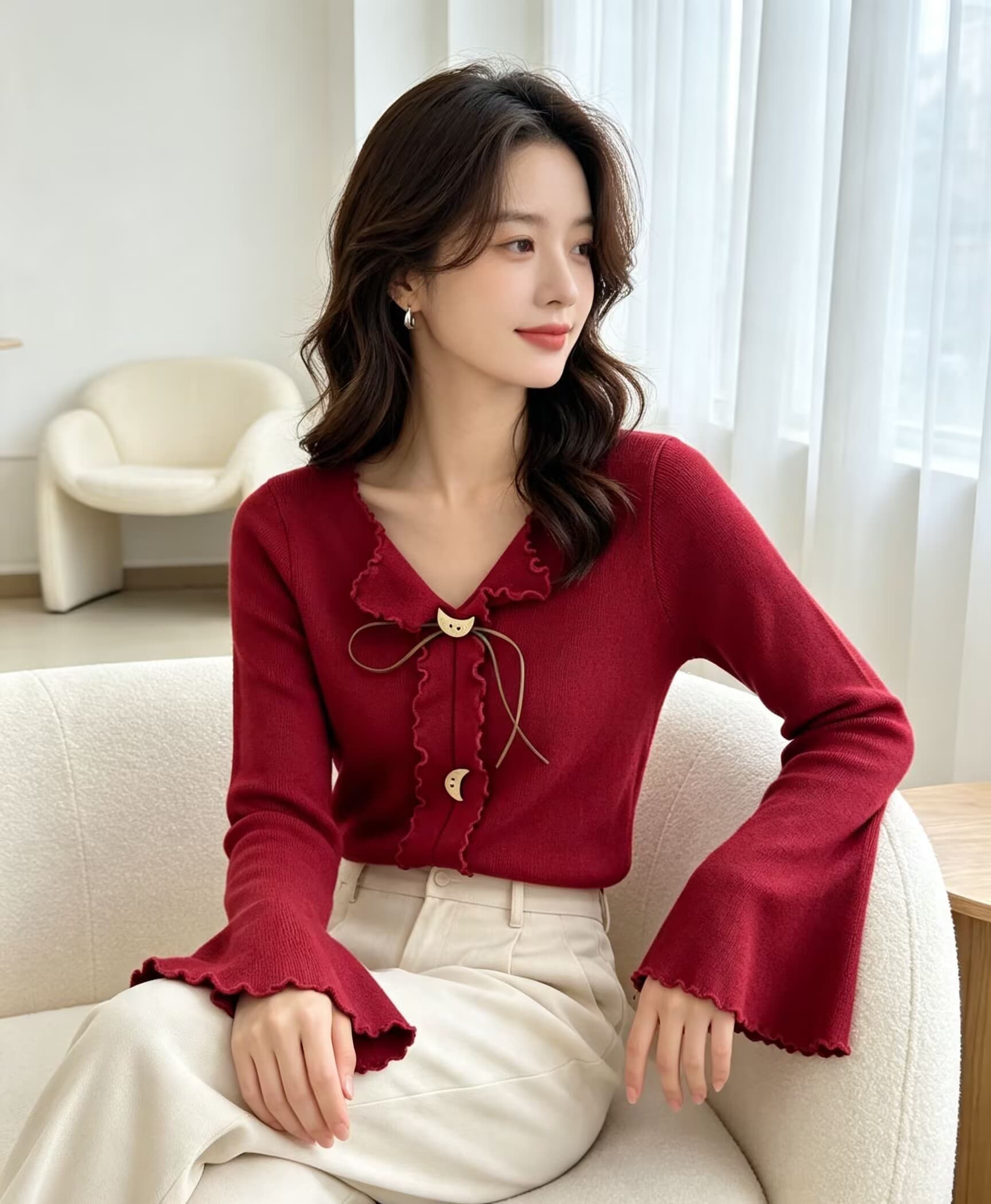 한 부서 연령 감소 다용도 프릴 V넥 다용도 니트 스웨터 여성 2026 년 가을 겨울 새로운 몸매 가꾸기 슬림해 보이는 맨위 상세 이미지 14