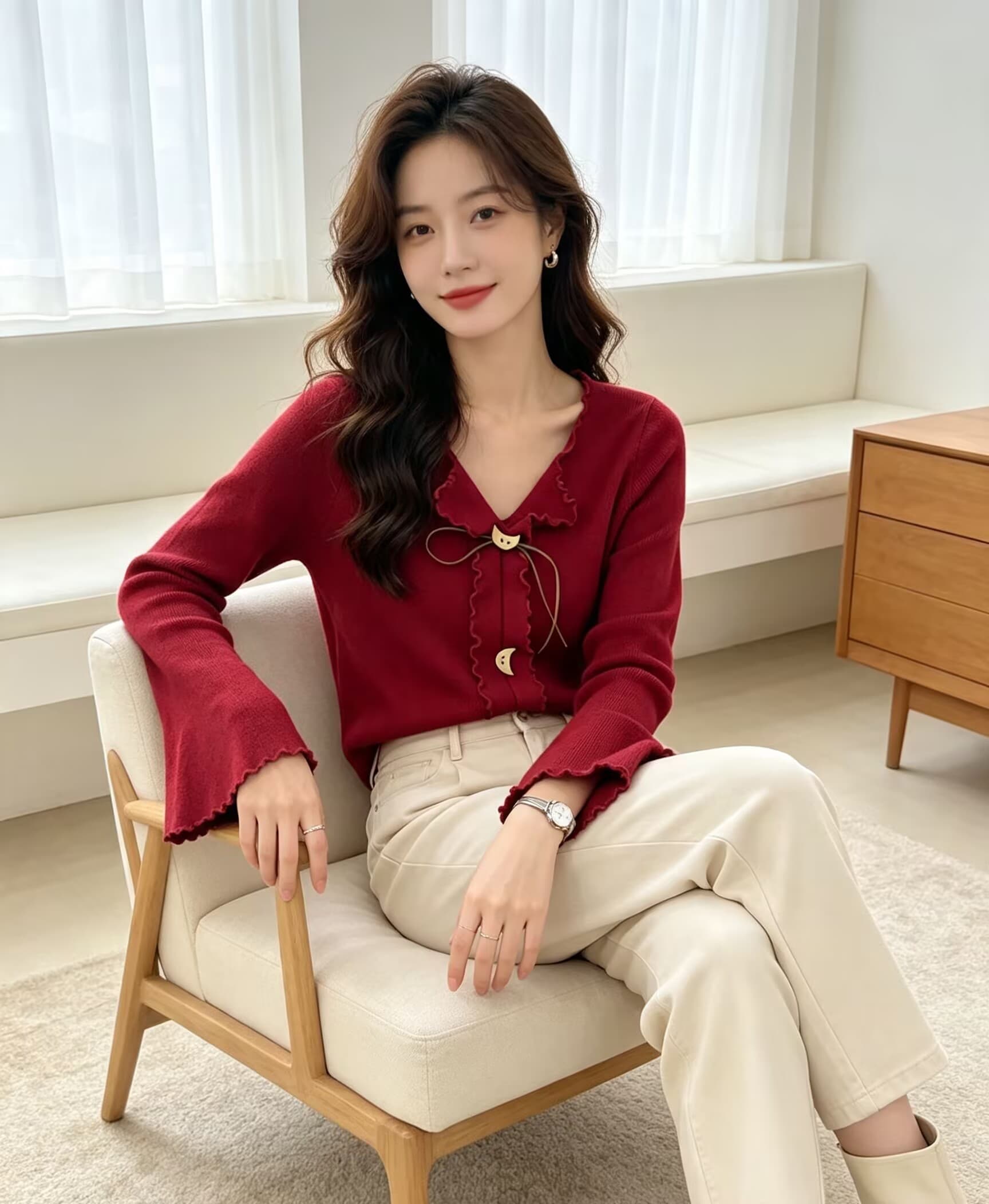 한 부서 연령 감소 다용도 프릴 V넥 다용도 니트 스웨터 여성 2026 년 가을 겨울 새로운 몸매 가꾸기 슬림해 보이는 맨위 상세 이미지 16