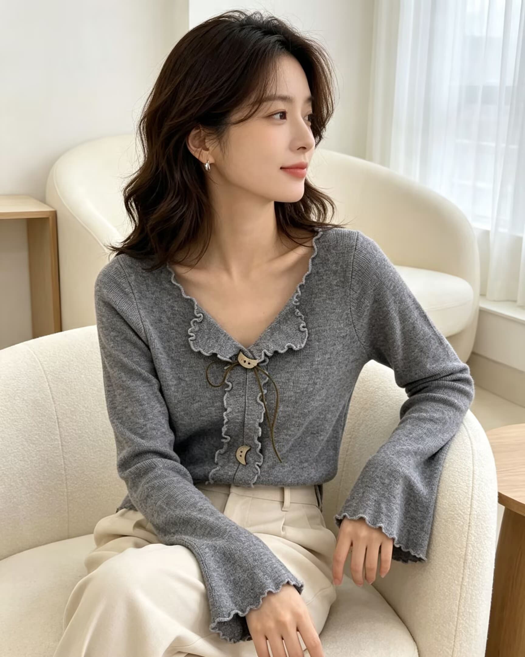 한 부서 연령 감소 다용도 프릴 V넥 다용도 니트 스웨터 여성 2026 년 가을 겨울 새로운 몸매 가꾸기 슬림해 보이는 맨위 상세 이미지 29