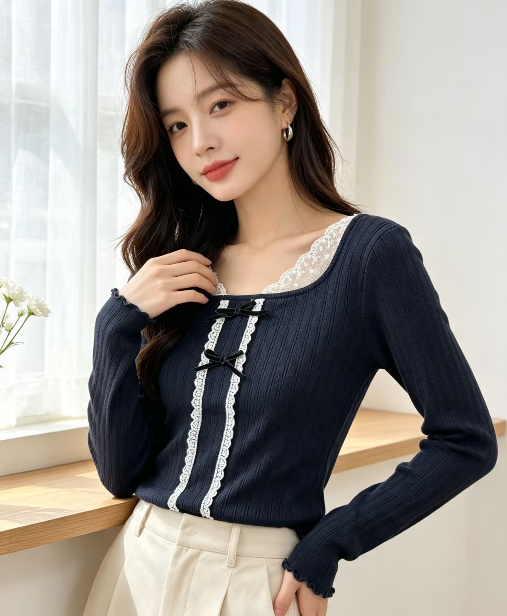 한 부서 기본 셔츠 여성 대 네클라인 슬림해 보이는 이슬 쇄골 꼬집기 허리 다용도 인사이드 가져 가라. 긴팔 맨위 상세 이미지 5