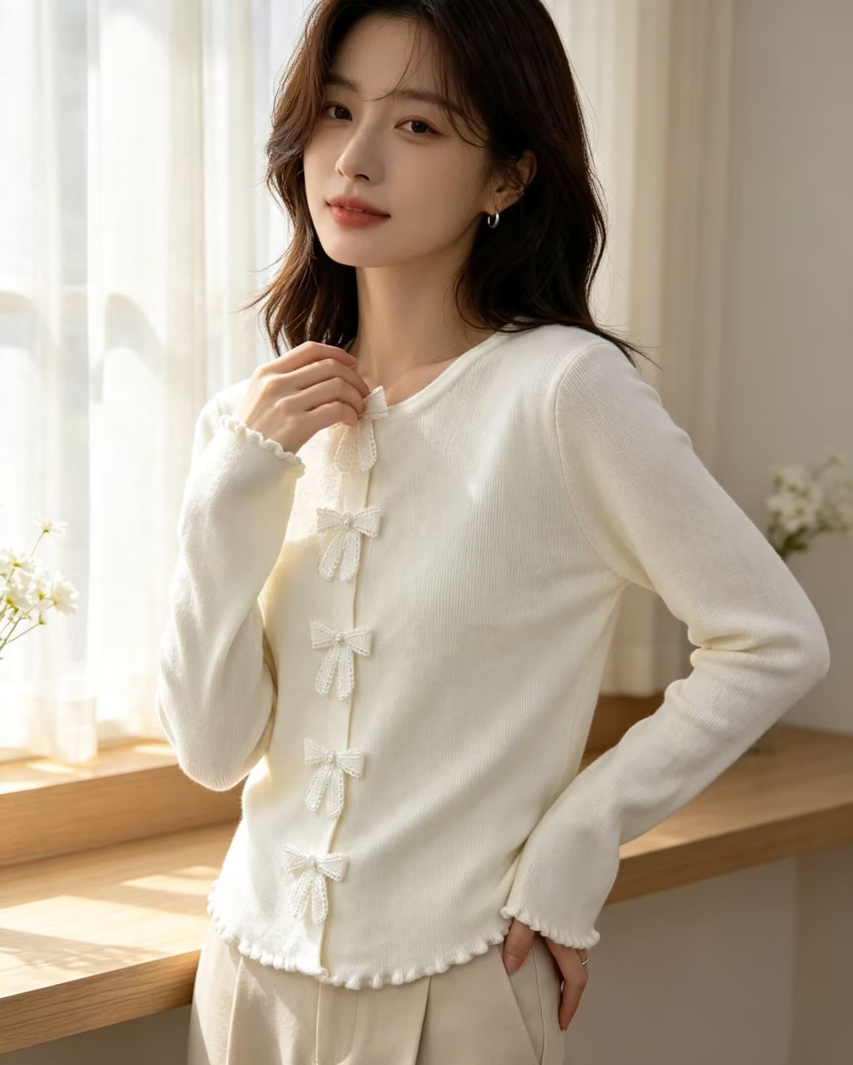 한 부서 달콤함 연령 감소 행침 목 스타일 레이스 V넥 나비 매듭 순수한 욕망 니트 스웨터 여성 이미지 3