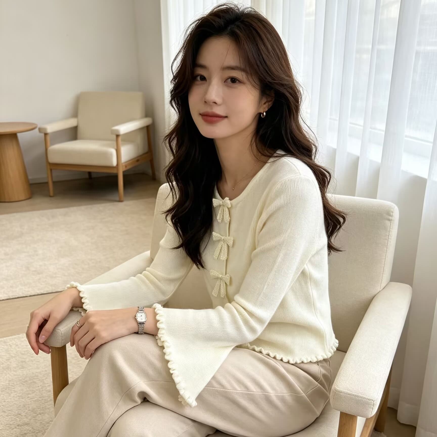 한 부서 달콤함 연령 감소 행침 목 스타일 레이스 V넥 나비 매듭 순수한 욕망 니트 스웨터 여성 이미지 5