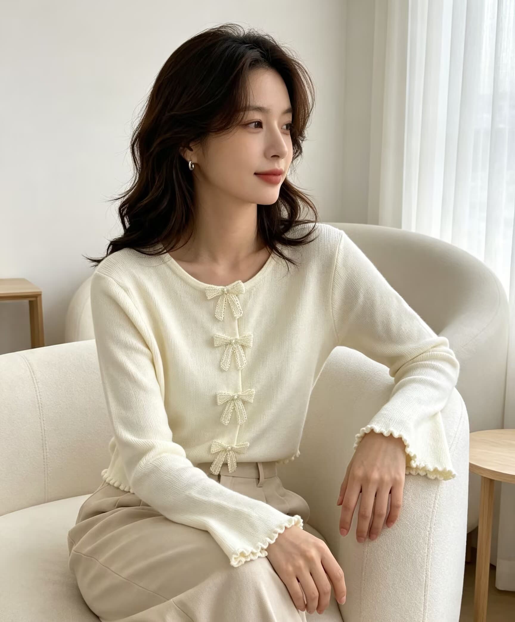 한 부서 달콤함 연령 감소 행침 목 스타일 레이스 V넥 나비 매듭 순수한 욕망 니트 스웨터 여성 상세 이미지 1