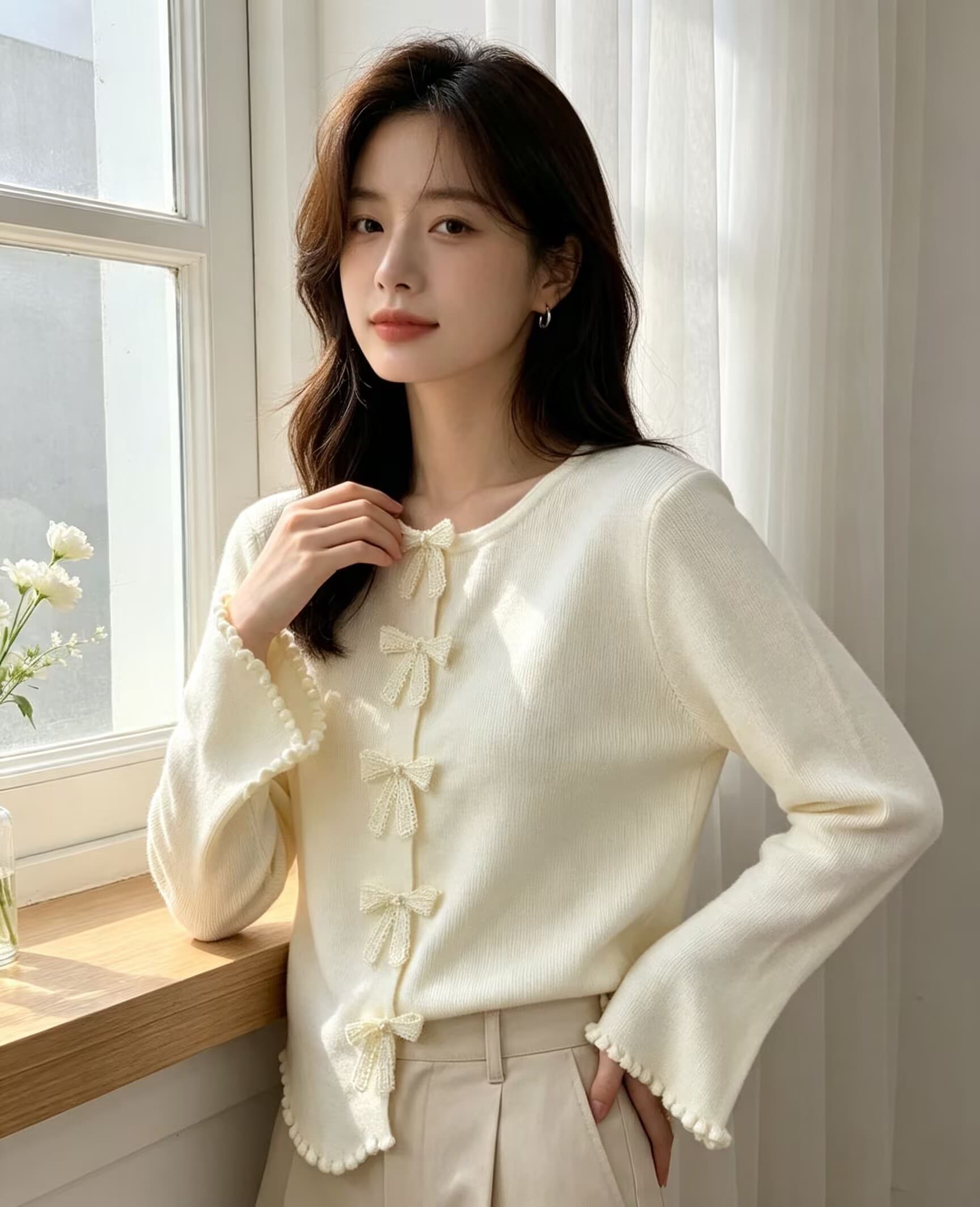 한 부서 달콤함 연령 감소 행침 목 스타일 레이스 V넥 나비 매듭 순수한 욕망 니트 스웨터 여성 상세 이미지 2
