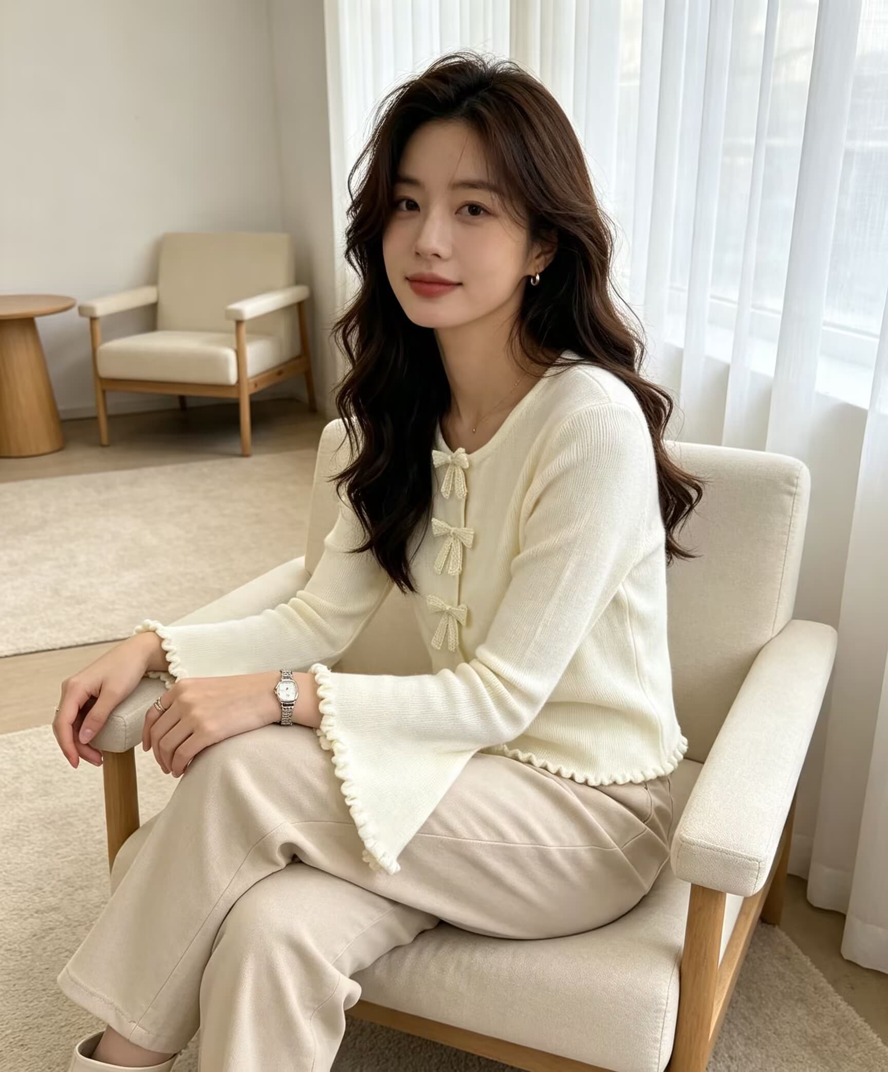 한 부서 달콤함 연령 감소 행침 목 스타일 레이스 V넥 나비 매듭 순수한 욕망 니트 스웨터 여성 상세 이미지 3