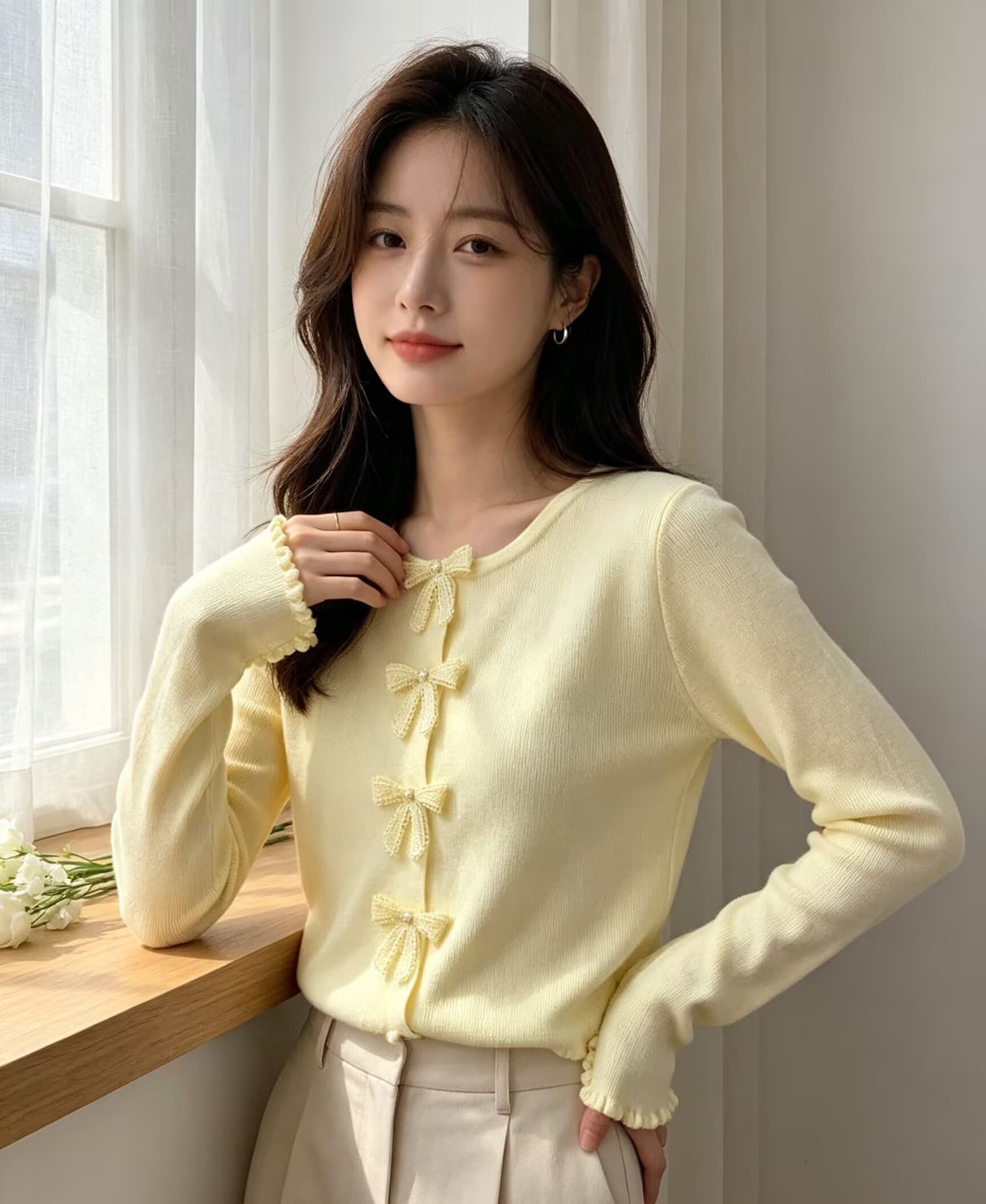 한 부서 달콤함 연령 감소 행침 목 스타일 레이스 V넥 나비 매듭 순수한 욕망 니트 스웨터 여성 상세 이미지 7