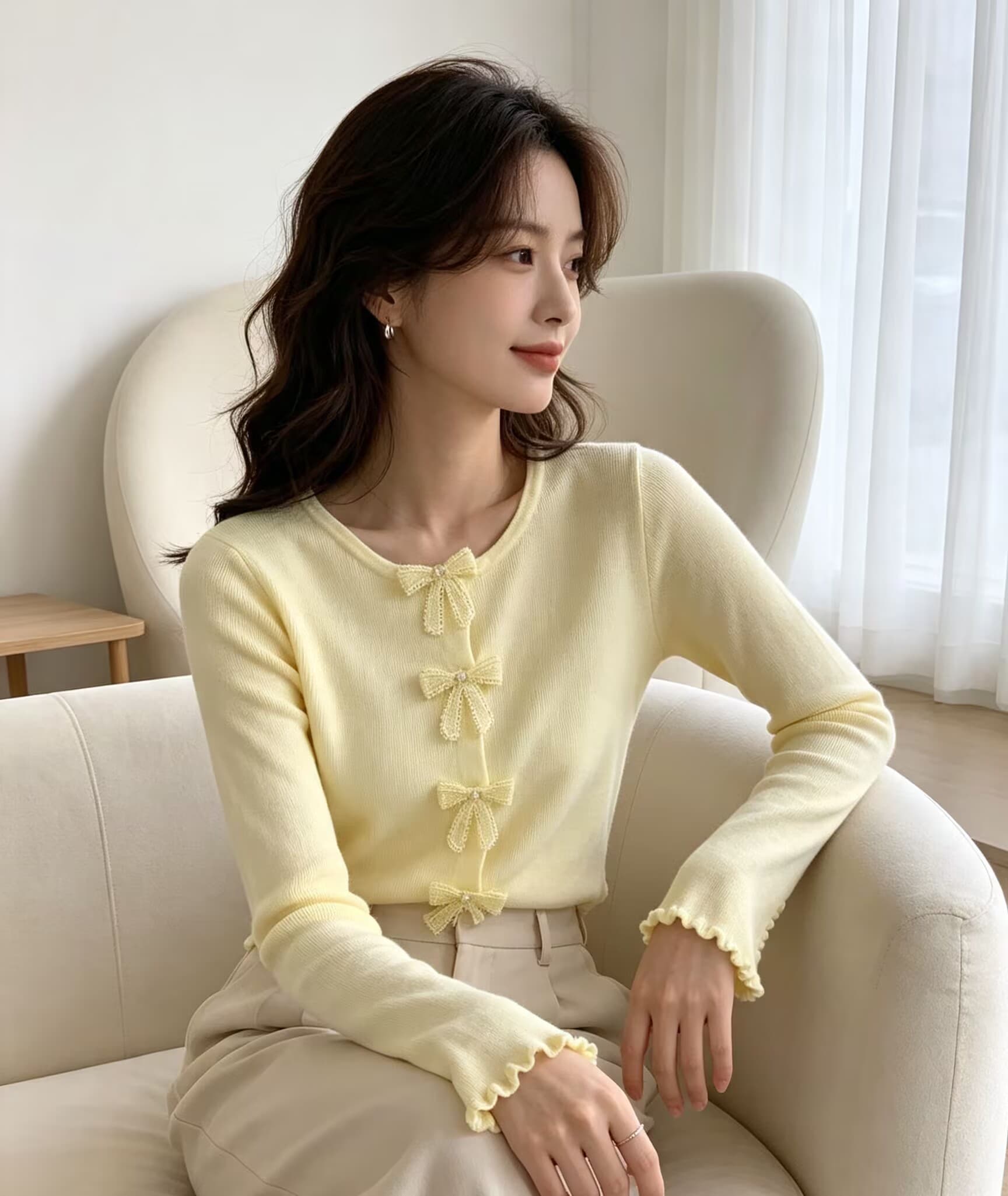 한 부서 달콤함 연령 감소 행침 목 스타일 레이스 V넥 나비 매듭 순수한 욕망 니트 스웨터 여성 상세 이미지 8
