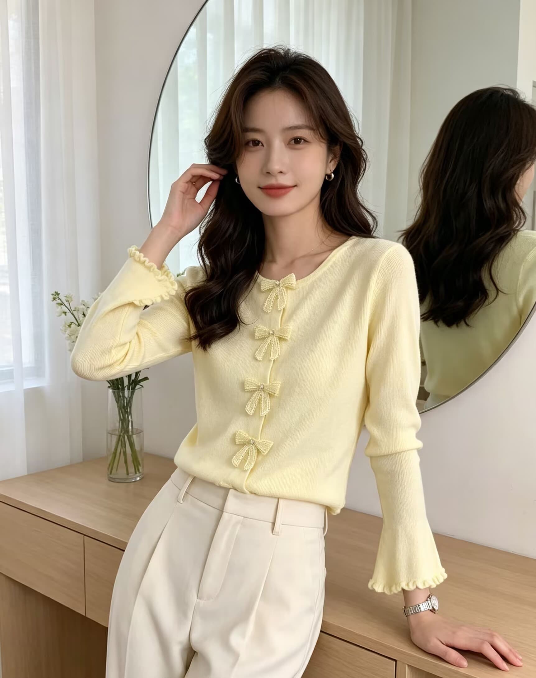 한 부서 달콤함 연령 감소 행침 목 스타일 레이스 V넥 나비 매듭 순수한 욕망 니트 스웨터 여성 상세 이미지 9