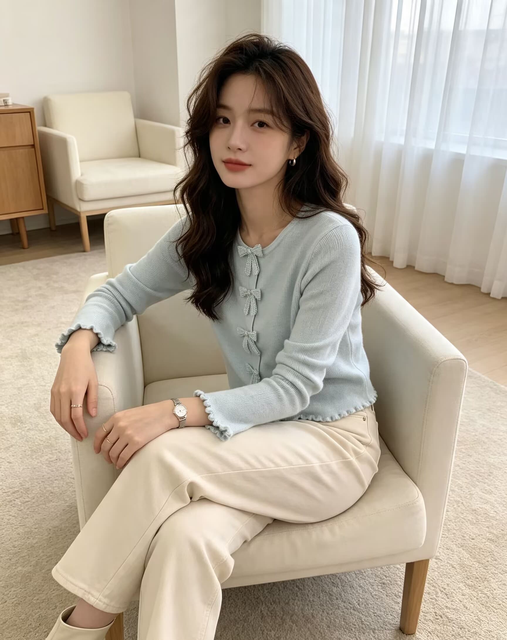 한 부서 달콤함 연령 감소 행침 목 스타일 레이스 V넥 나비 매듭 순수한 욕망 니트 스웨터 여성 상세 이미지 12