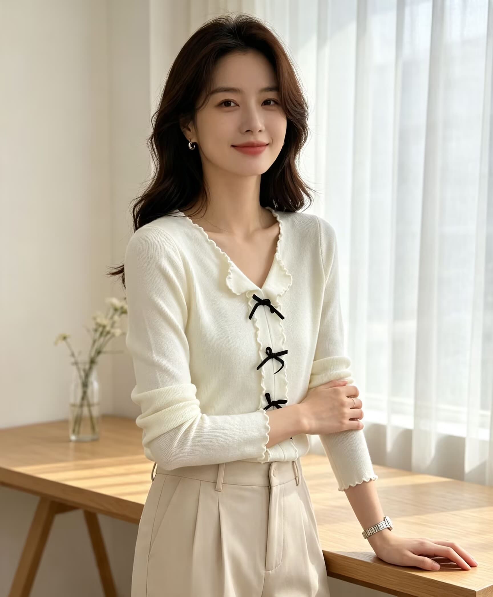 가을 겨울 새로운 순수한 욕망 달콤함 핫걸 프릴 V넥 나비 매듭 슈퍼 우는 소리 슬림해 보이는 털 니트 스웨터 스웨터 상세 이미지 5