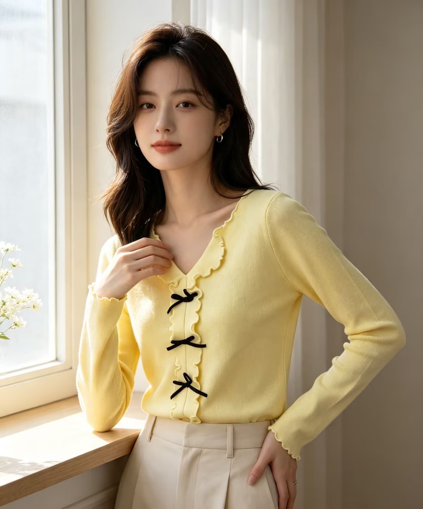 가을 겨울 새로운 순수한 욕망 달콤함 핫걸 프릴 V넥 나비 매듭 슈퍼 우는 소리 슬림해 보이는 털 니트 스웨터 스웨터 상세 이미지 15