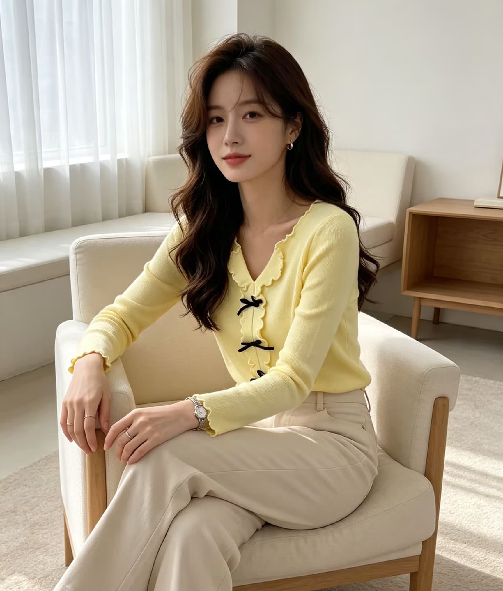 가을 겨울 새로운 순수한 욕망 달콤함 핫걸 프릴 V넥 나비 매듭 슈퍼 우는 소리 슬림해 보이는 털 니트 스웨터 스웨터 상세 이미지 18