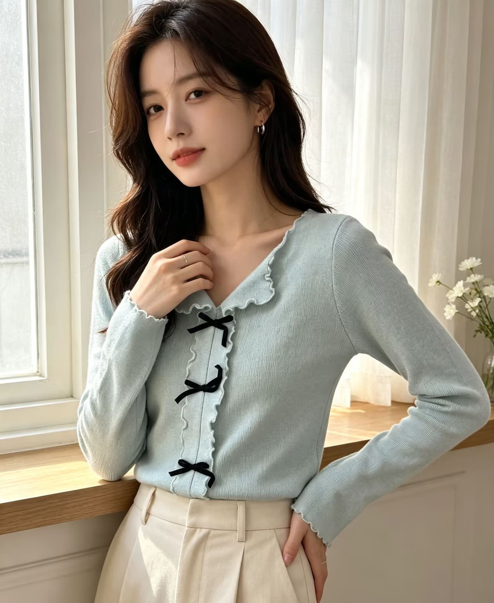 가을 겨울 새로운 순수한 욕망 달콤함 핫걸 프릴 V넥 나비 매듭 슈퍼 우는 소리 슬림해 보이는 털 니트 스웨터 스웨터 상세 이미지 20