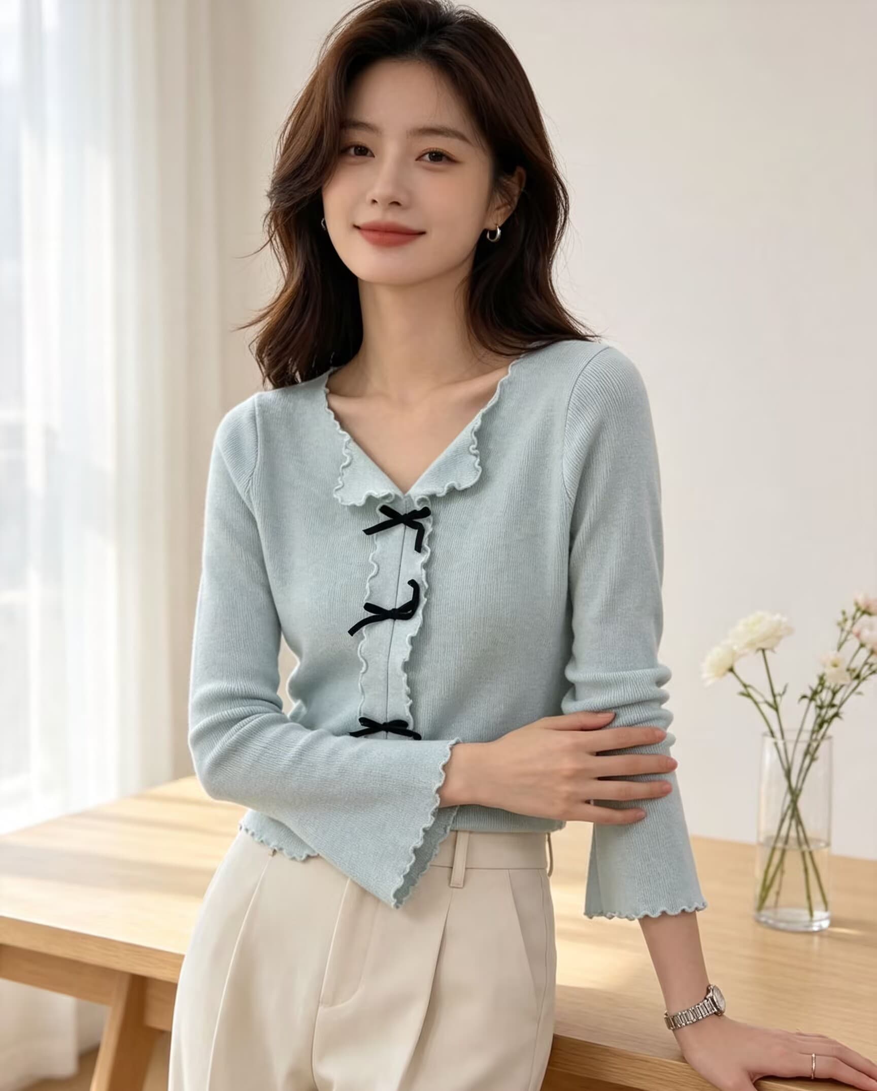 가을 겨울 새로운 순수한 욕망 달콤함 핫걸 프릴 V넥 나비 매듭 슈퍼 우는 소리 슬림해 보이는 털 니트 스웨터 스웨터 상세 이미지 24
