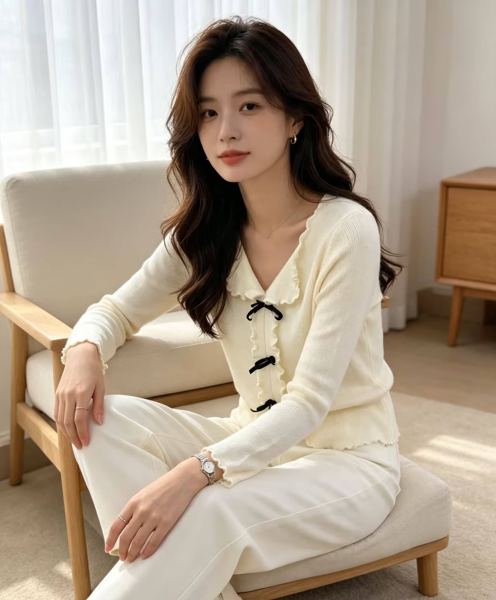 가을 겨울 새로운 순수한 욕망 달콤함 핫걸 프릴 V넥 나비 매듭 슈퍼 우는 소리 슬림해 보이는 털 니트 스웨터 스웨터 상세 이미지 26
