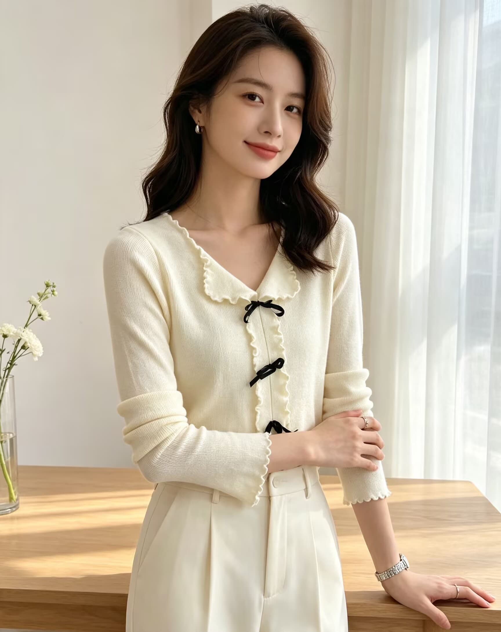 가을 겨울 새로운 순수한 욕망 달콤함 핫걸 프릴 V넥 나비 매듭 슈퍼 우는 소리 슬림해 보이는 털 니트 스웨터 스웨터 상세 이미지 27