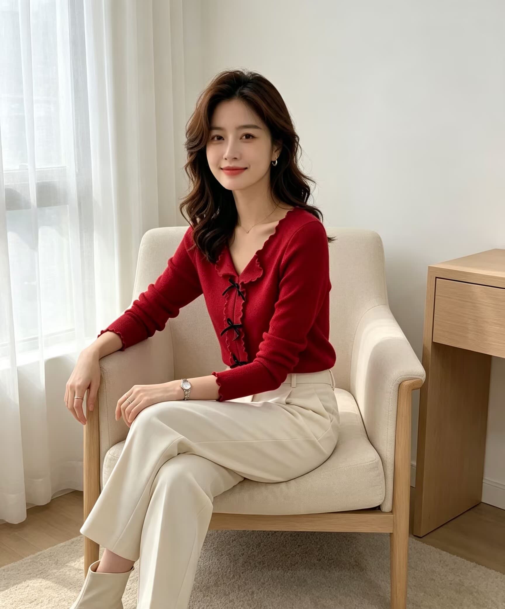 가을 겨울 새로운 순수한 욕망 달콤함 핫걸 프릴 V넥 나비 매듭 슈퍼 우는 소리 슬림해 보이는 털 니트 스웨터 스웨터 상세 이미지 31