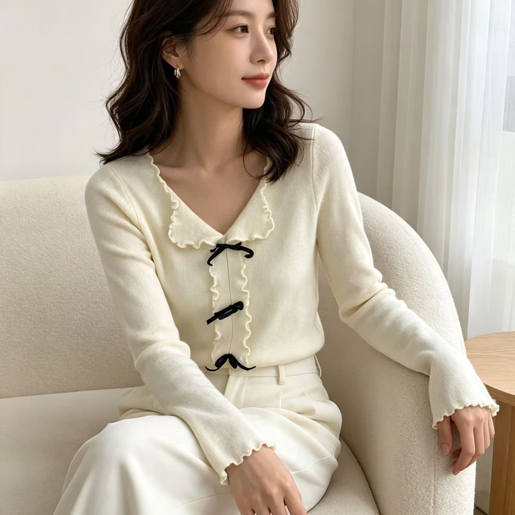 가을 겨울 새로운 순수한 욕망 달콤함 핫걸 프릴 V넥 나비 매듭 슈퍼 우는 소리 슬림해 보이는 털 니트 스웨터 스웨터 이미지 5