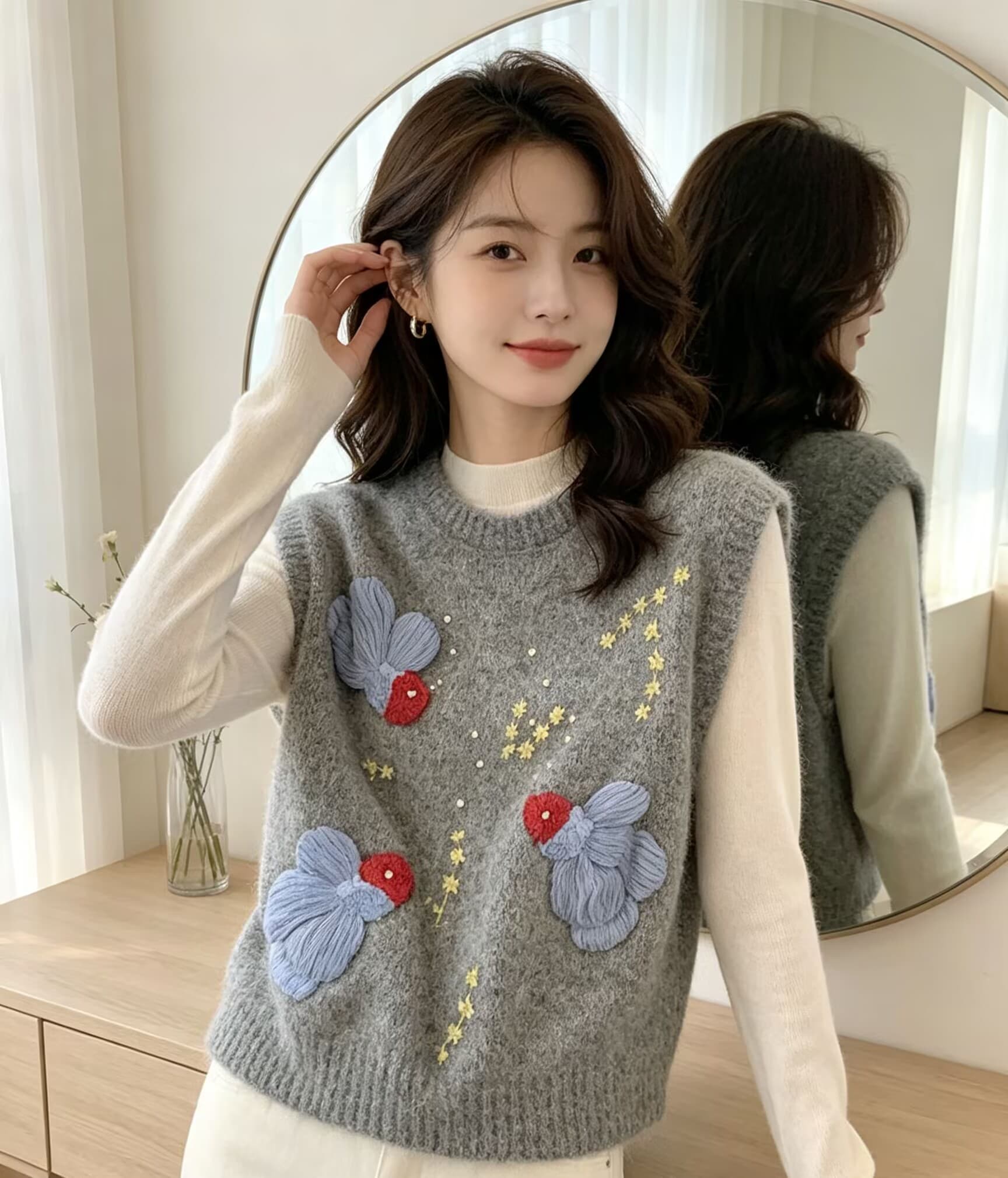 가을 겨울철 새로운 무거운 작업 비즈 박기 부드러운 찹쌀 외국 가스 자카드 니트 라운드 넥 베스트 스웨터 상세 이미지 5