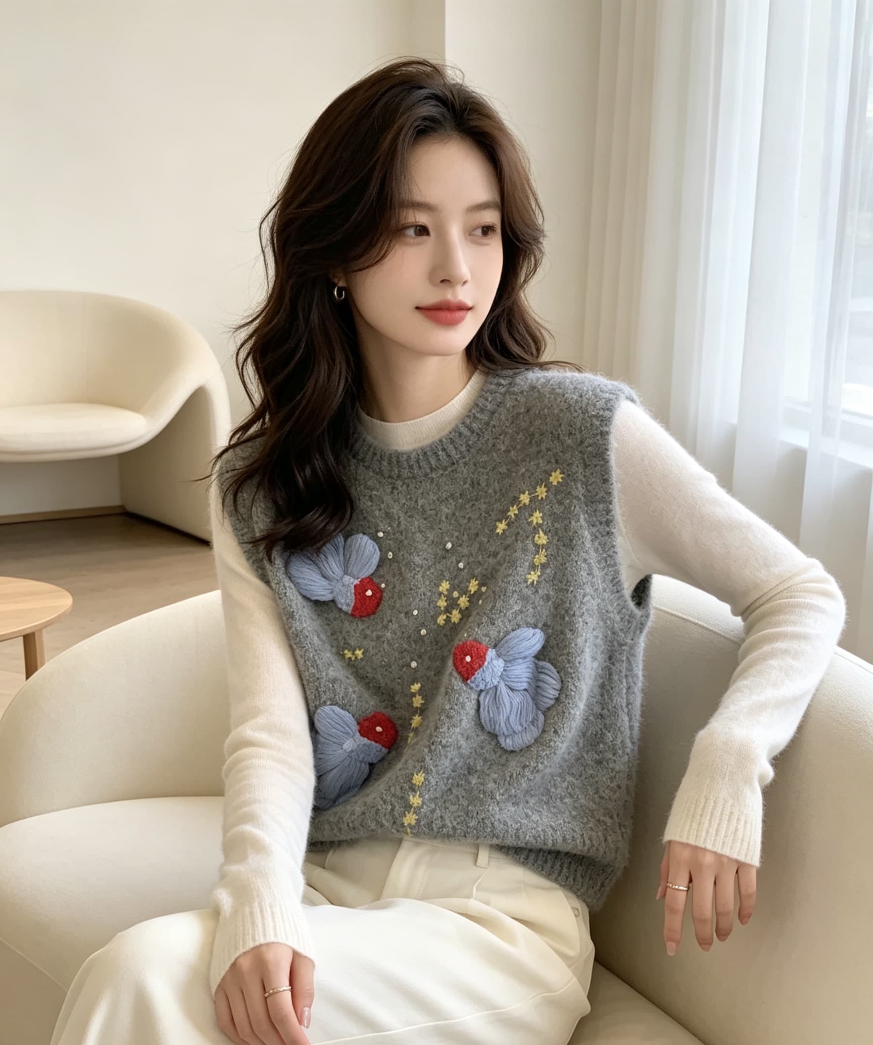 가을 겨울철 새로운 무거운 작업 비즈 박기 부드러운 찹쌀 외국 가스 자카드 니트 라운드 넥 베스트 스웨터 상세 이미지 6