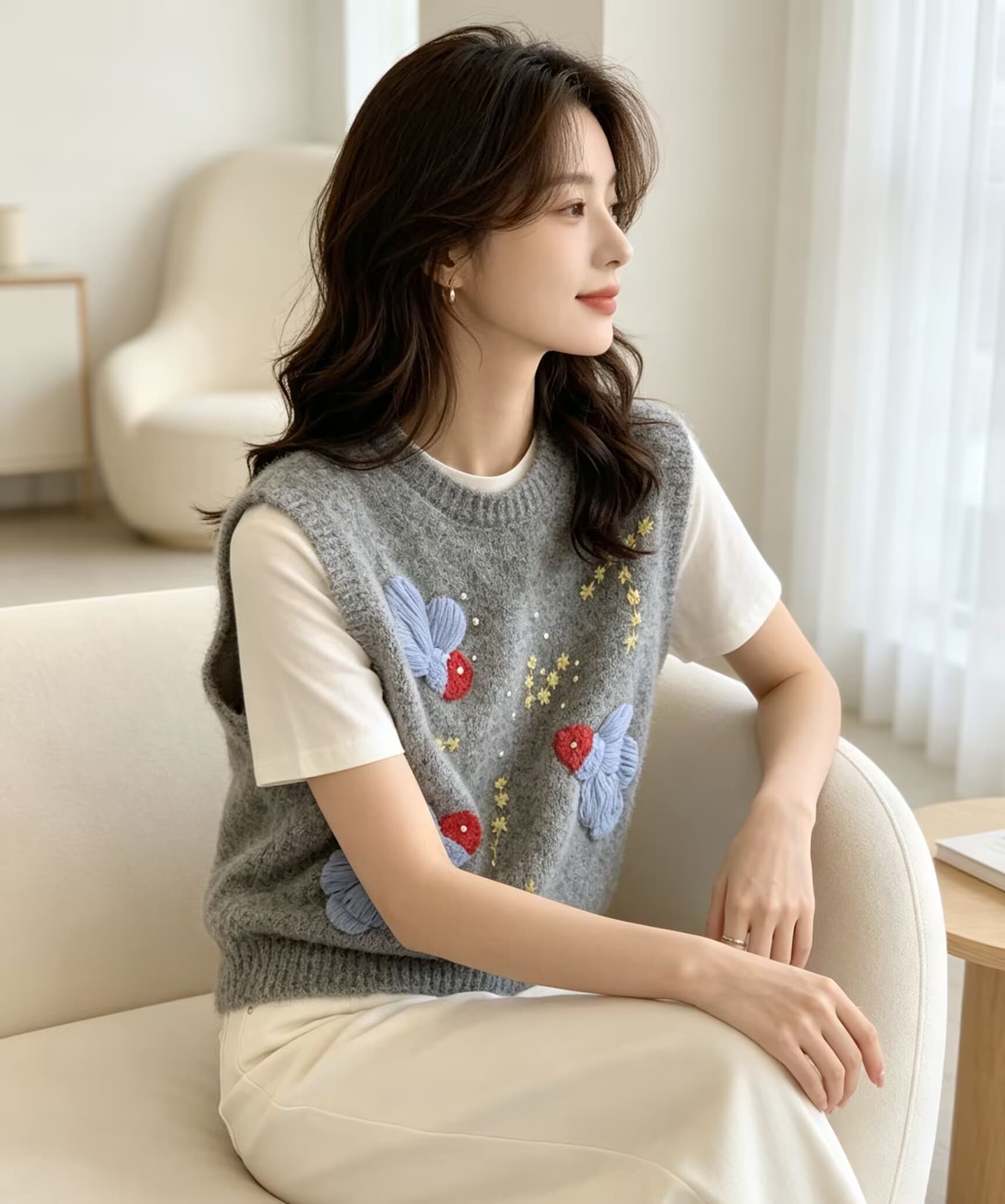 가을 겨울철 새로운 무거운 작업 비즈 박기 부드러운 찹쌀 외국 가스 자카드 니트 라운드 넥 베스트 스웨터 상세 이미지 10