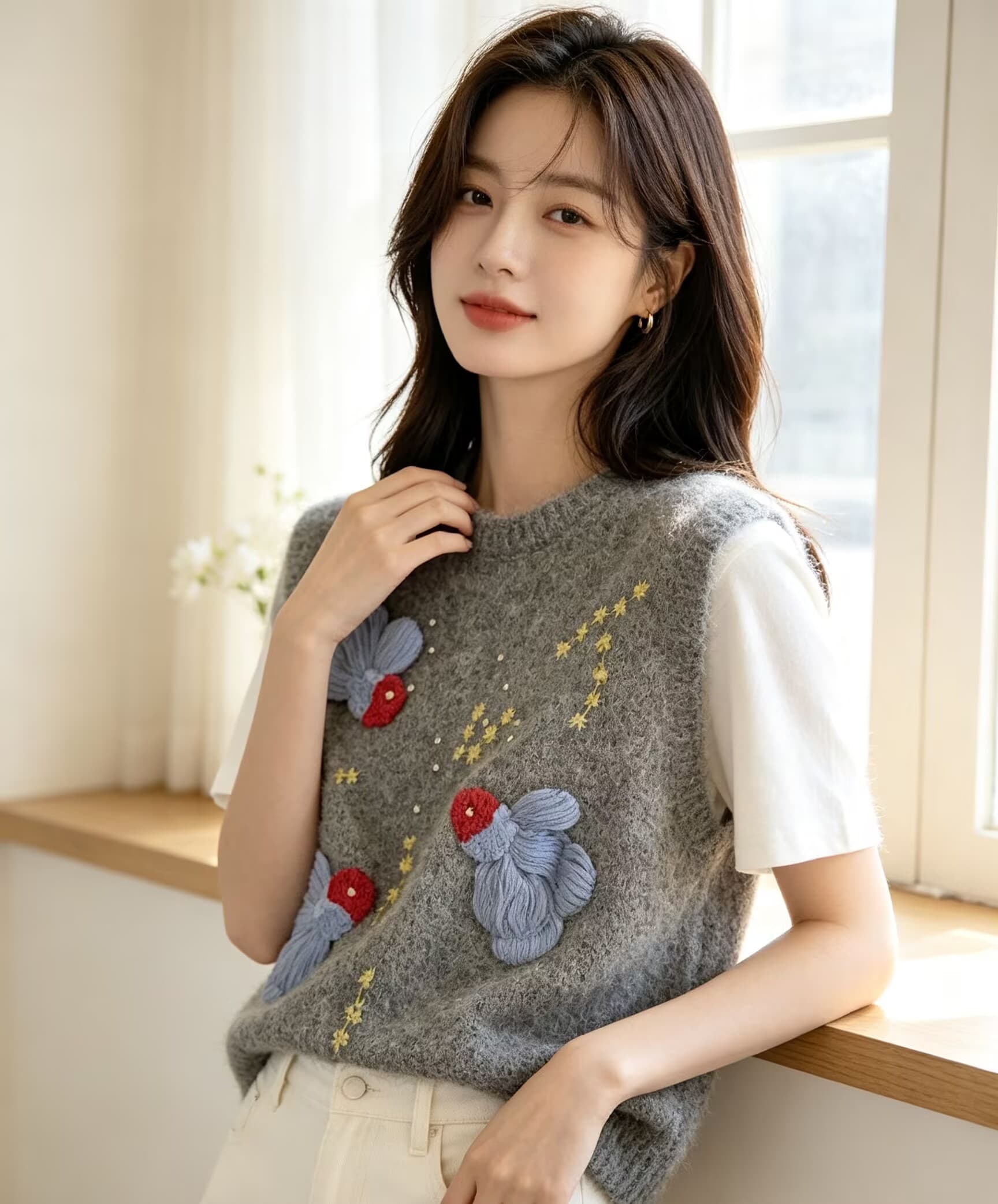 가을 겨울철 새로운 무거운 작업 비즈 박기 부드러운 찹쌀 외국 가스 자카드 니트 라운드 넥 베스트 스웨터 상세 이미지 11