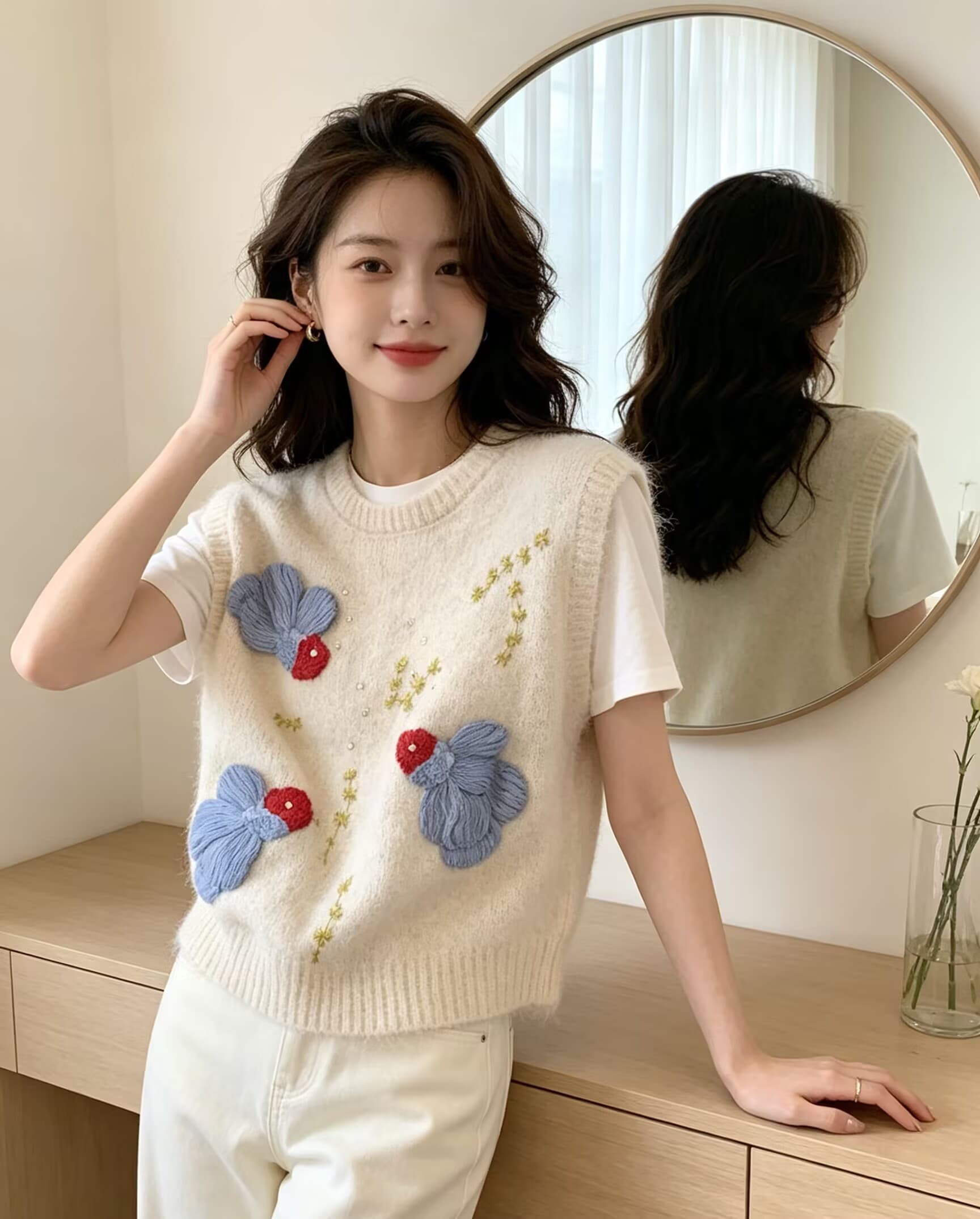 가을 겨울철 새로운 무거운 작업 비즈 박기 부드러운 찹쌀 외국 가스 자카드 니트 라운드 넥 베스트 스웨터 상세 이미지 17