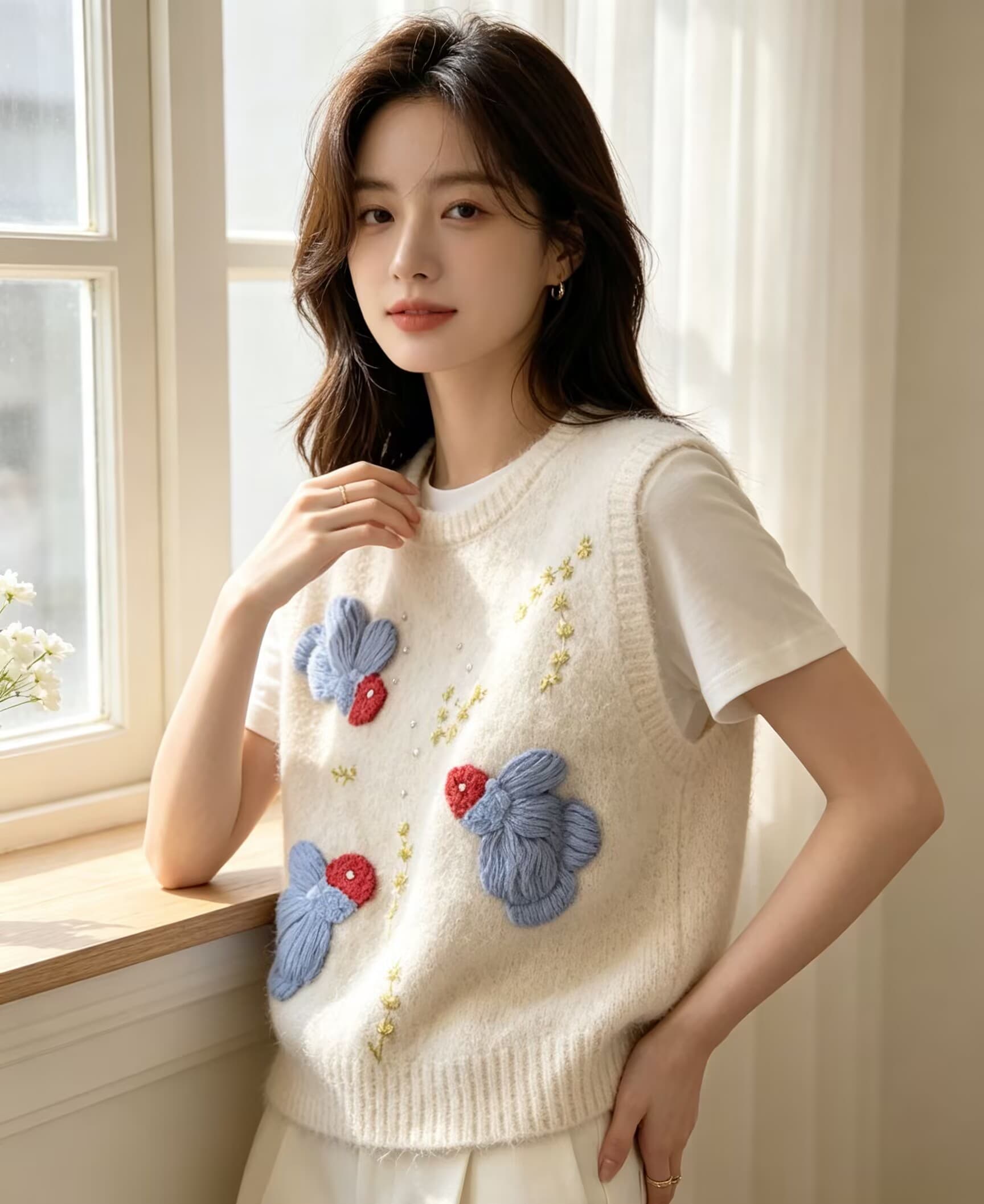 가을 겨울철 새로운 무거운 작업 비즈 박기 부드러운 찹쌀 외국 가스 자카드 니트 라운드 넥 베스트 스웨터 상세 이미지 19