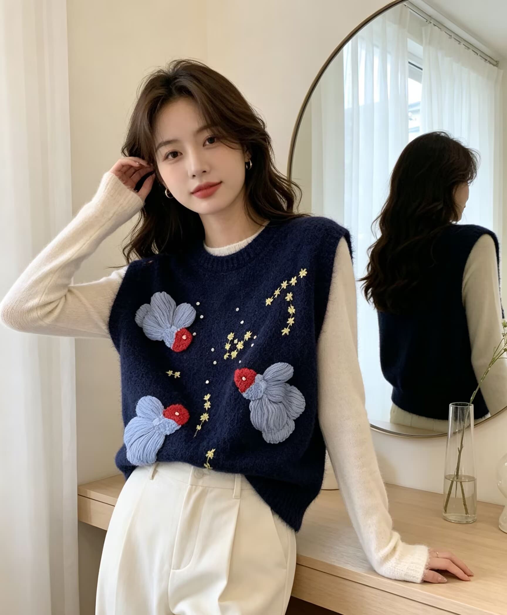 가을 겨울철 새로운 무거운 작업 비즈 박기 부드러운 찹쌀 외국 가스 자카드 니트 라운드 넥 베스트 스웨터 상세 이미지 21