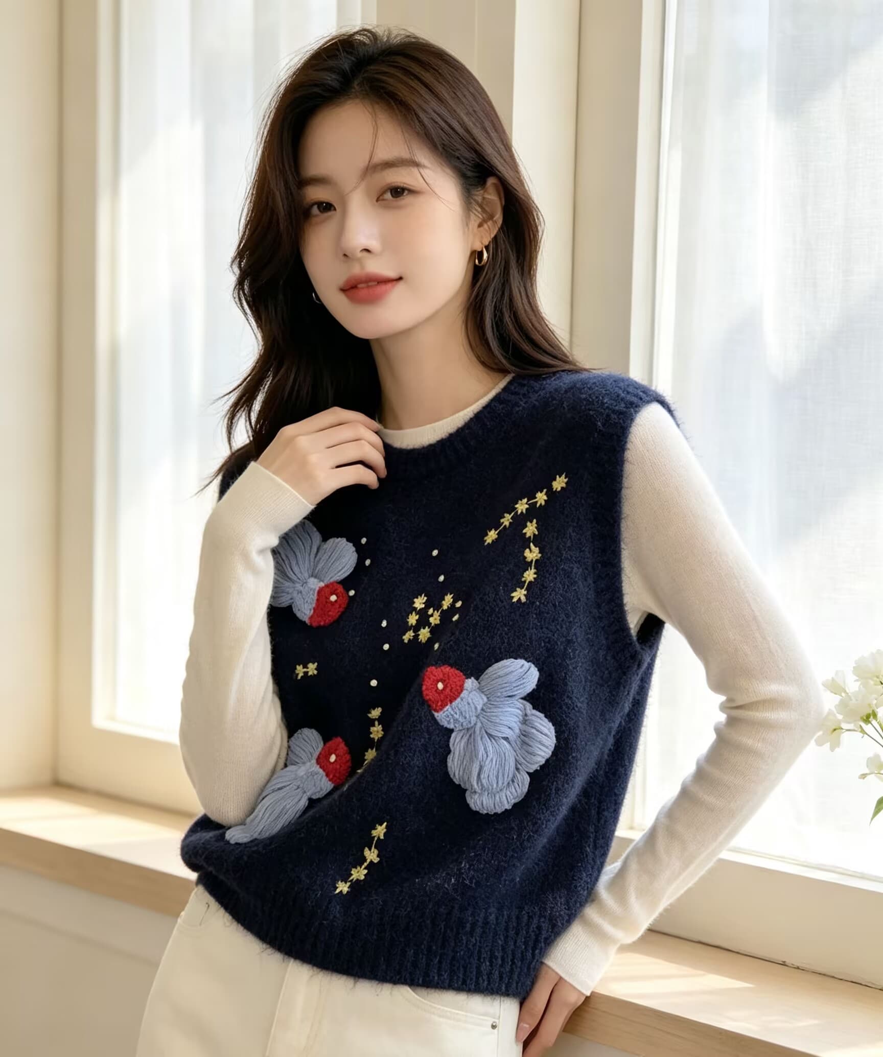 가을 겨울철 새로운 무거운 작업 비즈 박기 부드러운 찹쌀 외국 가스 자카드 니트 라운드 넥 베스트 스웨터 상세 이미지 23