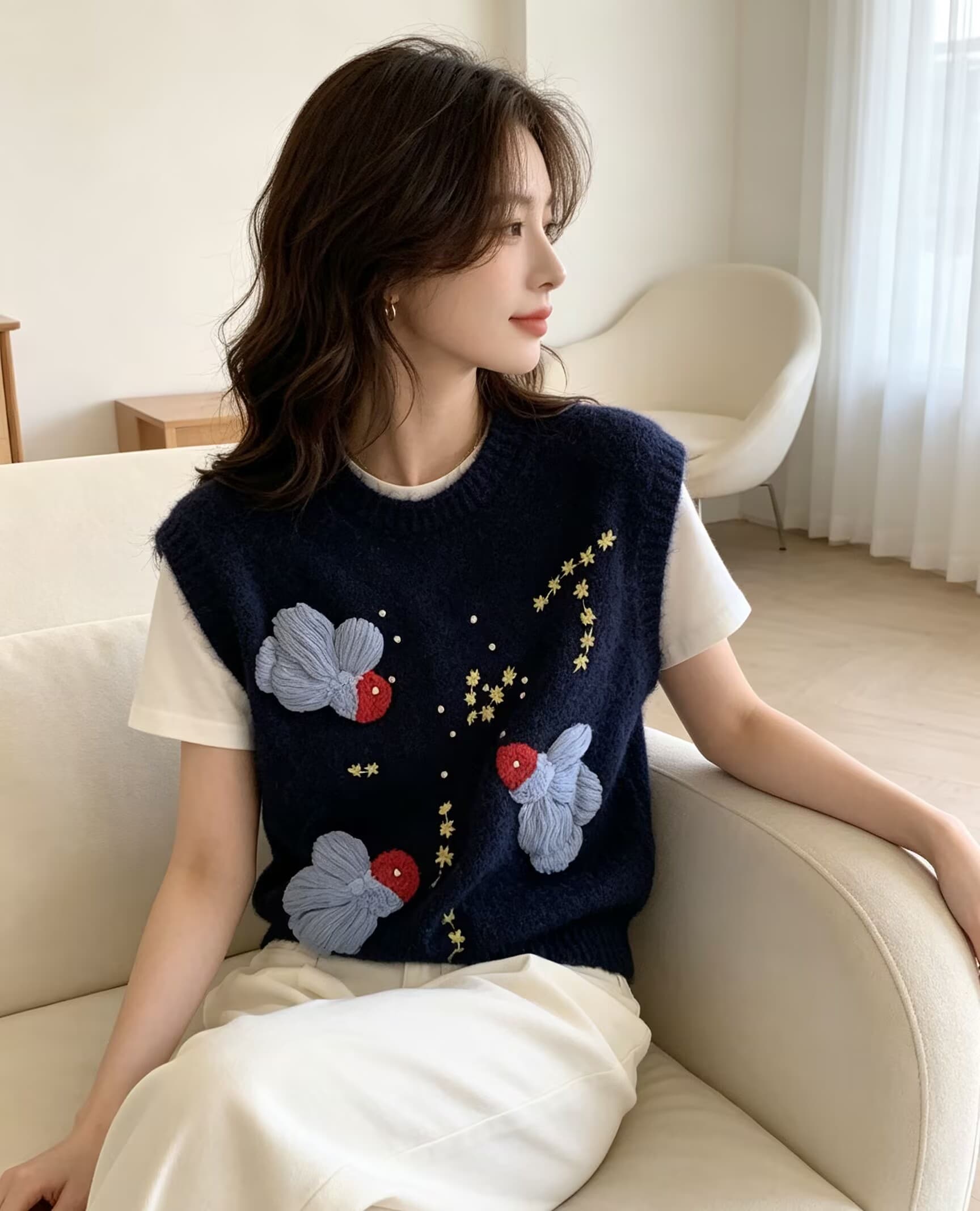 가을 겨울철 새로운 무거운 작업 비즈 박기 부드러운 찹쌀 외국 가스 자카드 니트 라운드 넥 베스트 스웨터 상세 이미지 26