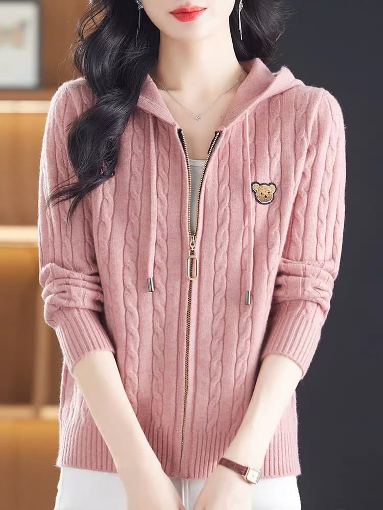 꽈배기 양모 오픈 가디건 여성 가을 겨울 새로운 니트 후드티 후드 패션 지퍼 두꺼운 스웨터 코트 상세 이미지 3