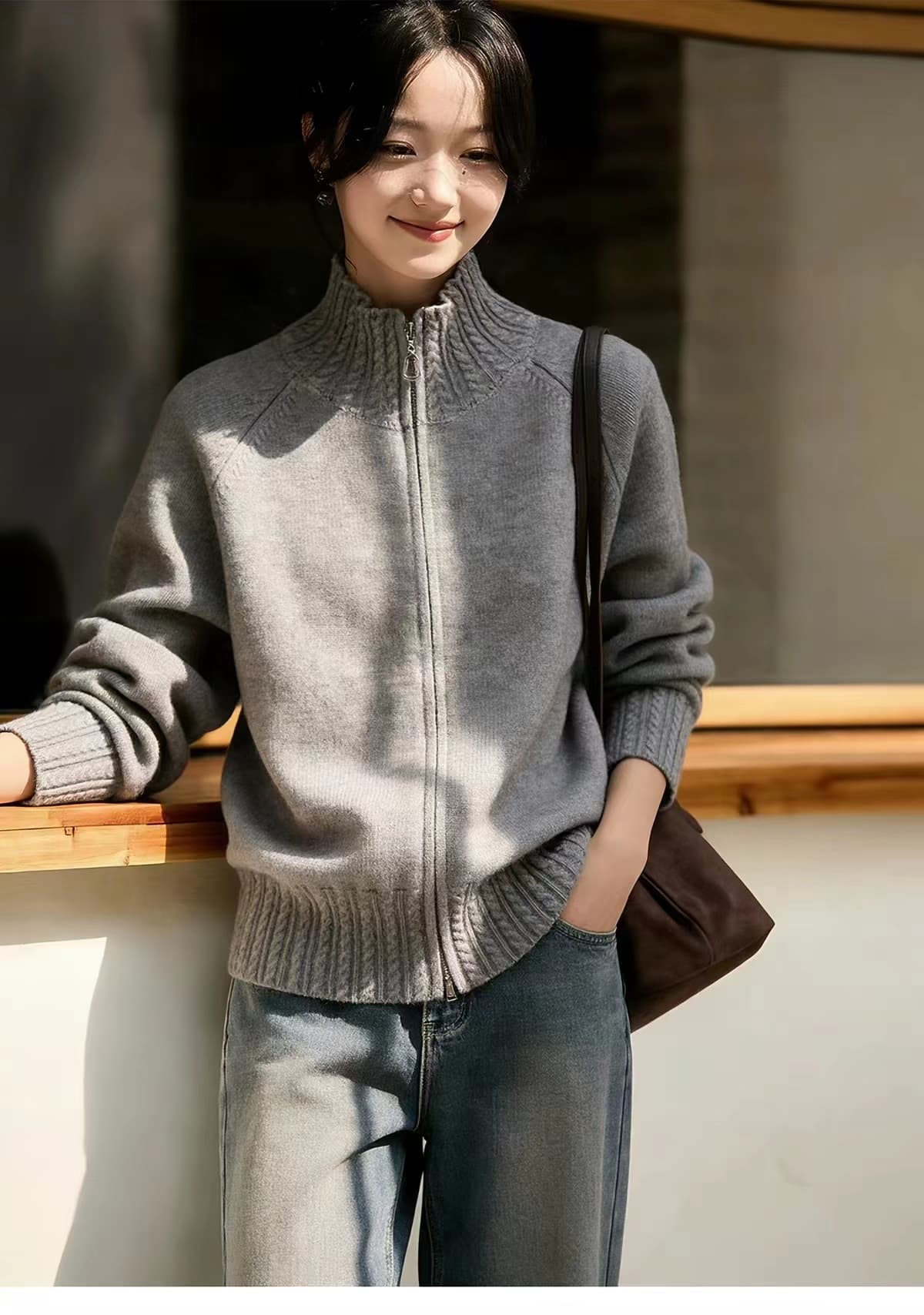 한 부서 느긋한 바람 베이지 색 스탠드 칼라 지퍼 스웨터 오픈 가디건 여성 새로운 루즈핏 니트 재킷 상세 이미지 2