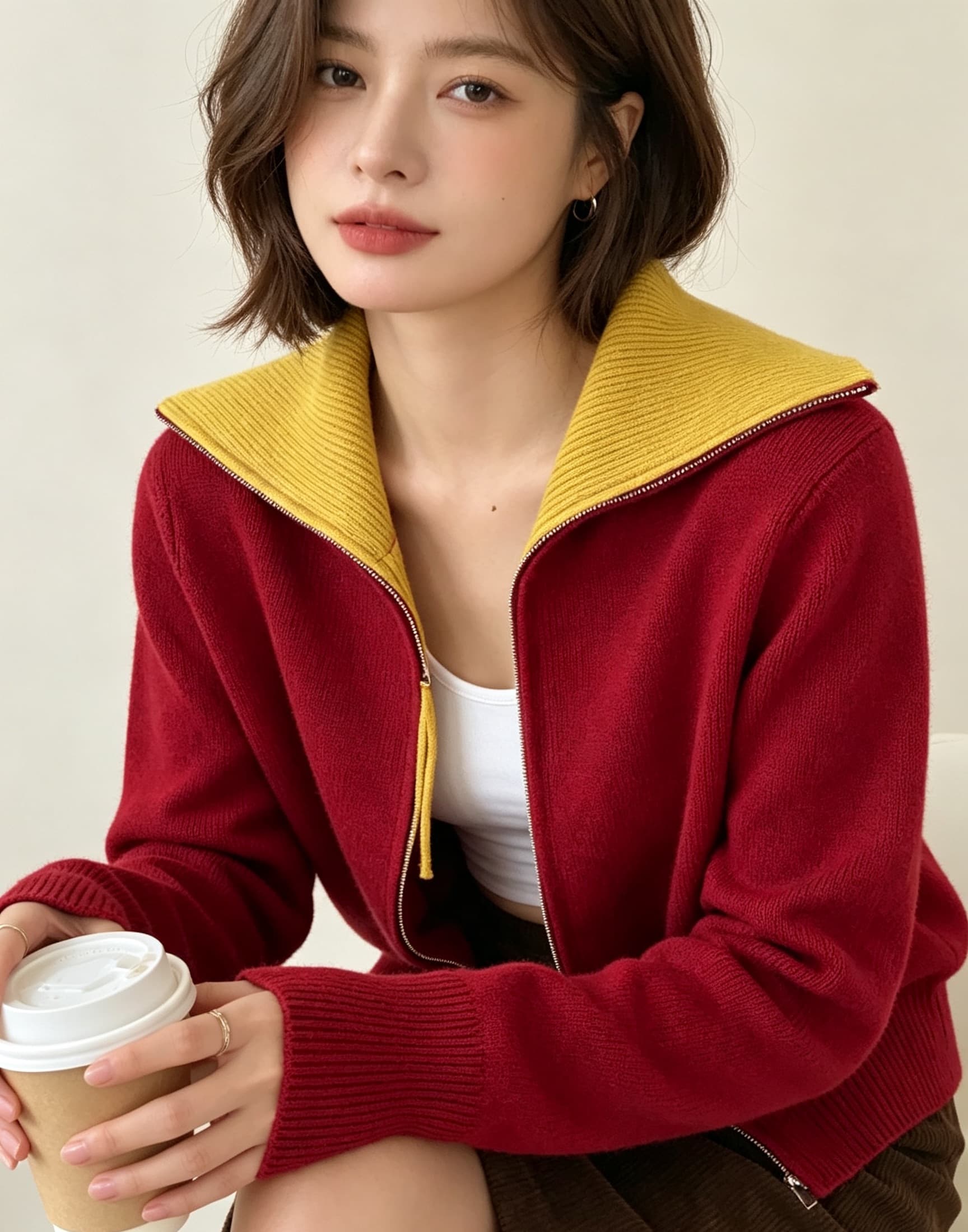 더블 지퍼 폴로 칼라 긴팔 배색 패치워크 디자인 센스 니트 오픈 가디건 스웨터 여자 새로운 외출용 맨위 상세 이미지 14