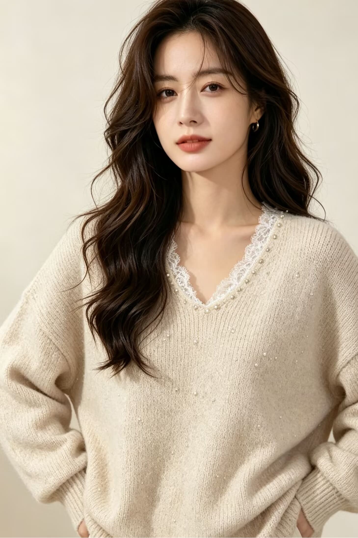 가을 겨울 단색 V넥 스웨터 긴팔 풀오버 루즈핏 캐주얼 비즈 박기 패치워크 레이스 레이스 칼라 니트 맨위 이미지 6
