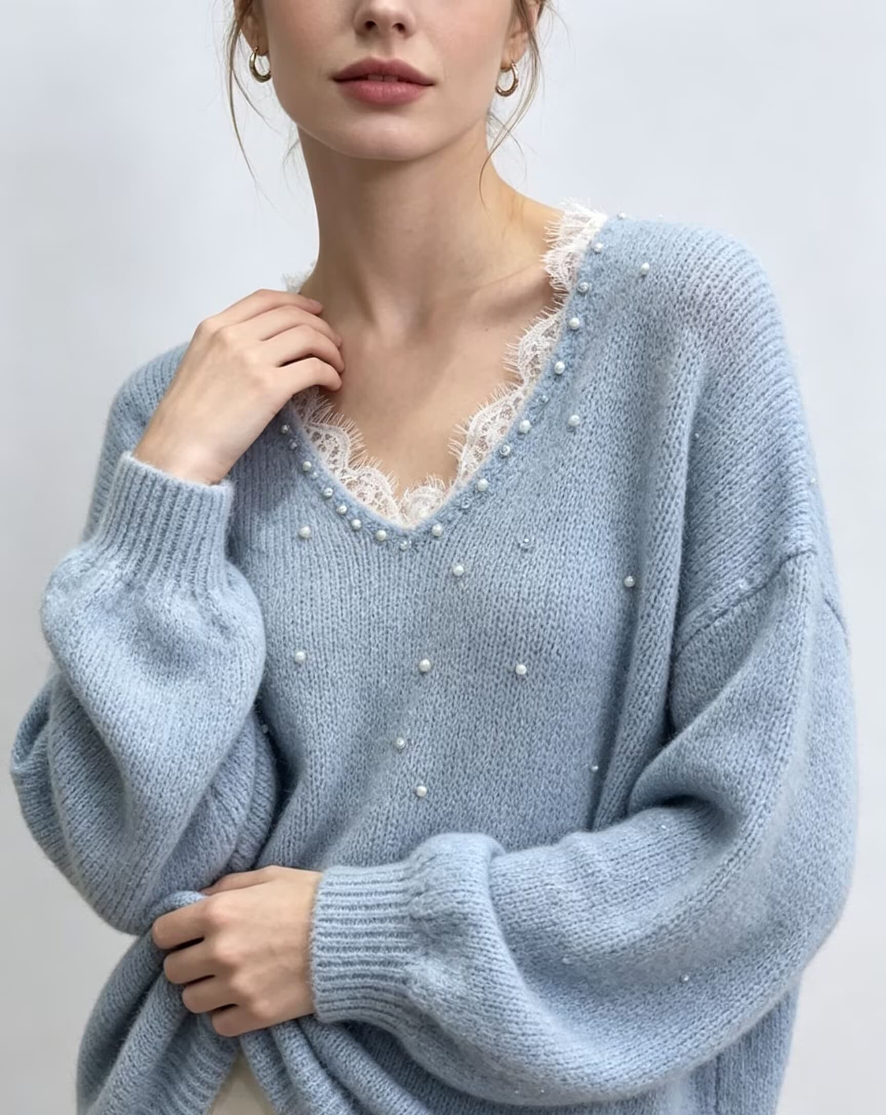 가을 겨울 단색 V넥 스웨터 긴팔 풀오버 루즈핏 캐주얼 비즈 박기 패치워크 레이스 레이스 칼라 니트 맨위 상세 이미지 5