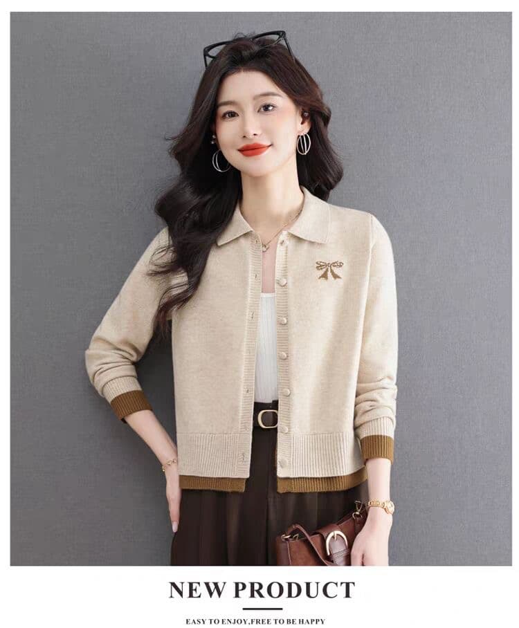 폴로 칼라 오픈 가디건 여성 가을 쇼트 스타일 배색 니트 외부 가져 가라. 외국 가스 빛 럭셔리 바람 스웨터 코트 상세 이미지 14