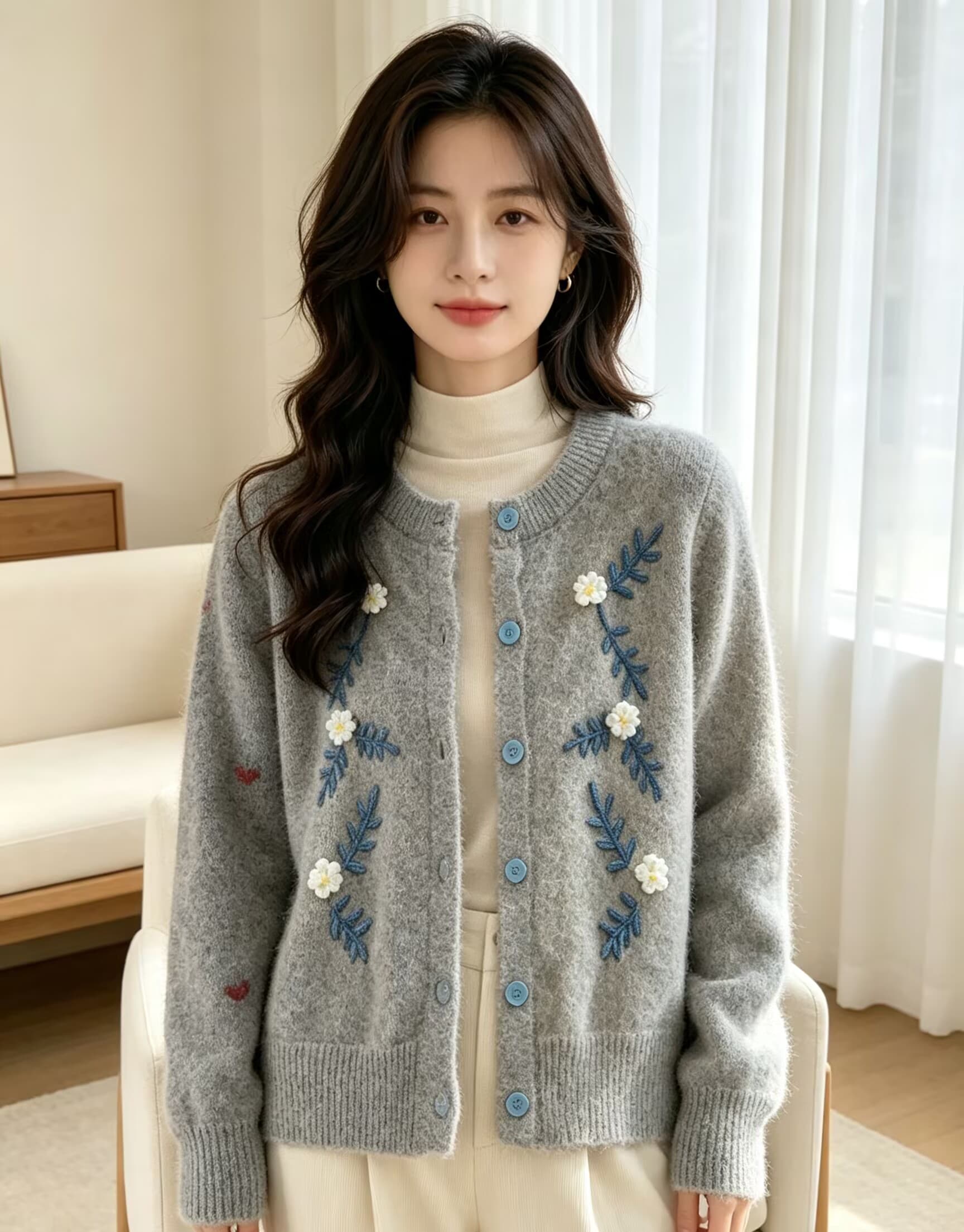 꽃 자수 라운드 넥 긍정적 인 어깨 긴팔 니트 오픈 가디건 새로운 루즈핏 슬림해 보이는 스웨터 코트 상세 이미지 4