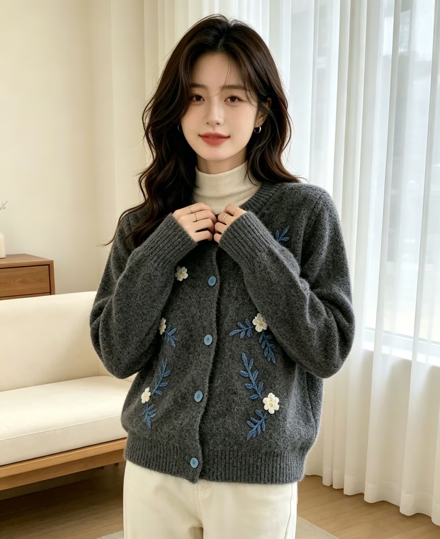꽃 자수 라운드 넥 긍정적 인 어깨 긴팔 니트 오픈 가디건 새로운 루즈핏 슬림해 보이는 스웨터 코트 상세 이미지 9