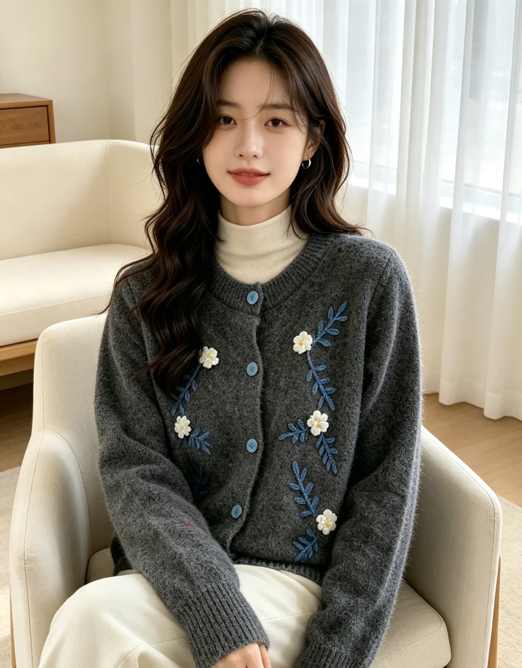 꽃 자수 라운드 넥 긍정적 인 어깨 긴팔 니트 오픈 가디건 새로운 루즈핏 슬림해 보이는 스웨터 코트 상세 이미지 11