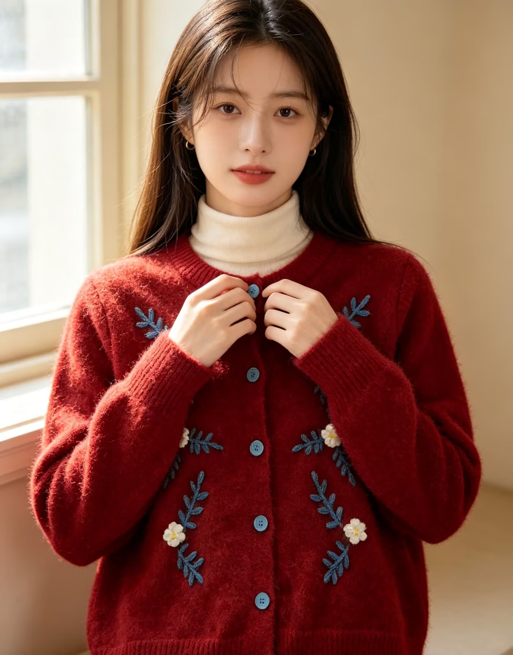 꽃 자수 라운드 넥 긍정적 인 어깨 긴팔 니트 오픈 가디건 새로운 루즈핏 슬림해 보이는 스웨터 코트 상세 이미지 18