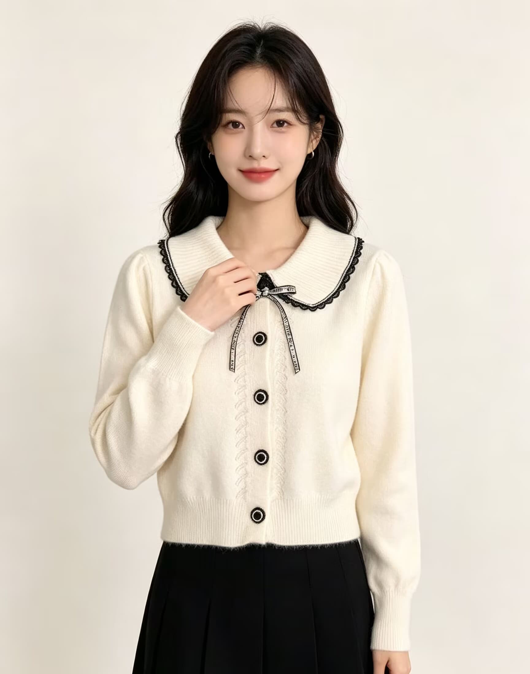 라운드 넥 니트 오픈 가디건 여성 겨울 새로운 나비 매듭 단색 달콤함 귀여운 캐주얼 보온 스웨터 코트 이미지 2