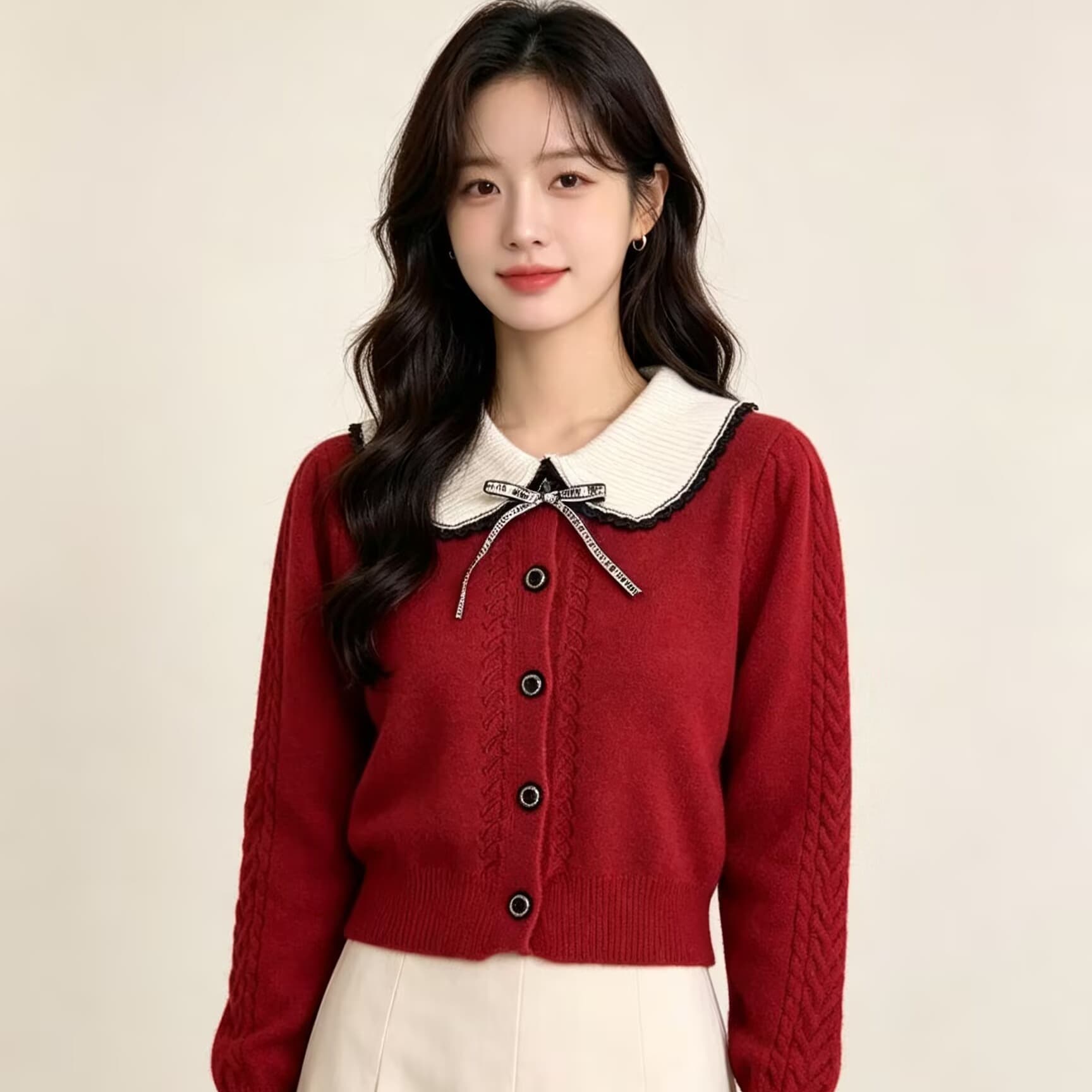 라운드 넥 니트 오픈 가디건 여성 겨울 새로운 나비 매듭 단색 달콤함 귀여운 캐주얼 보온 스웨터 코트 이미지 5