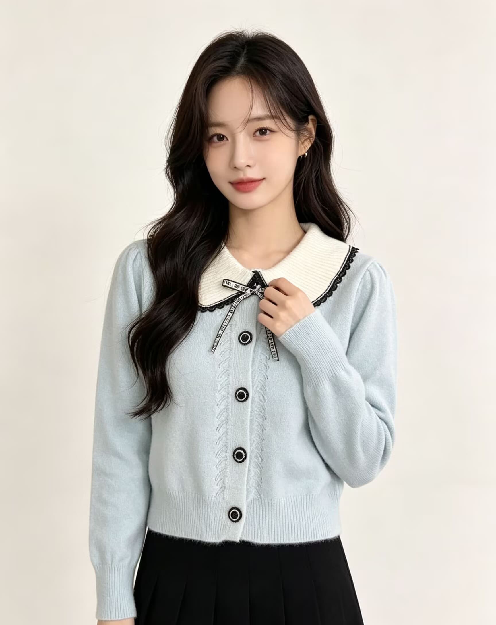 라운드 넥 니트 오픈 가디건 여성 겨울 새로운 나비 매듭 단색 달콤함 귀여운 캐주얼 보온 스웨터 코트 상세 이미지 5