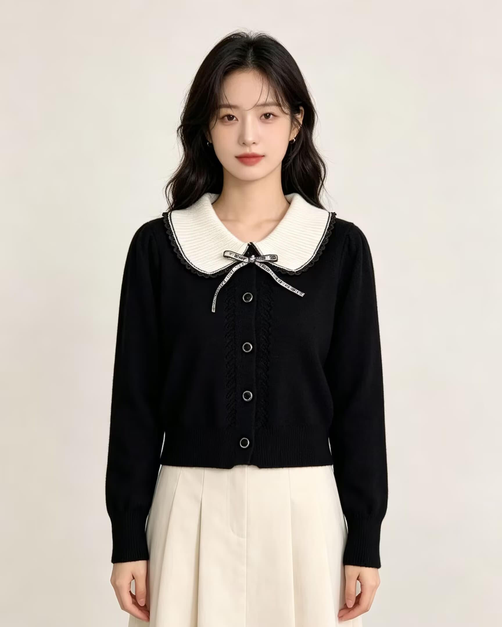 라운드 넥 니트 오픈 가디건 여성 겨울 새로운 나비 매듭 단색 달콤함 귀여운 캐주얼 보온 스웨터 코트 상세 이미지 12