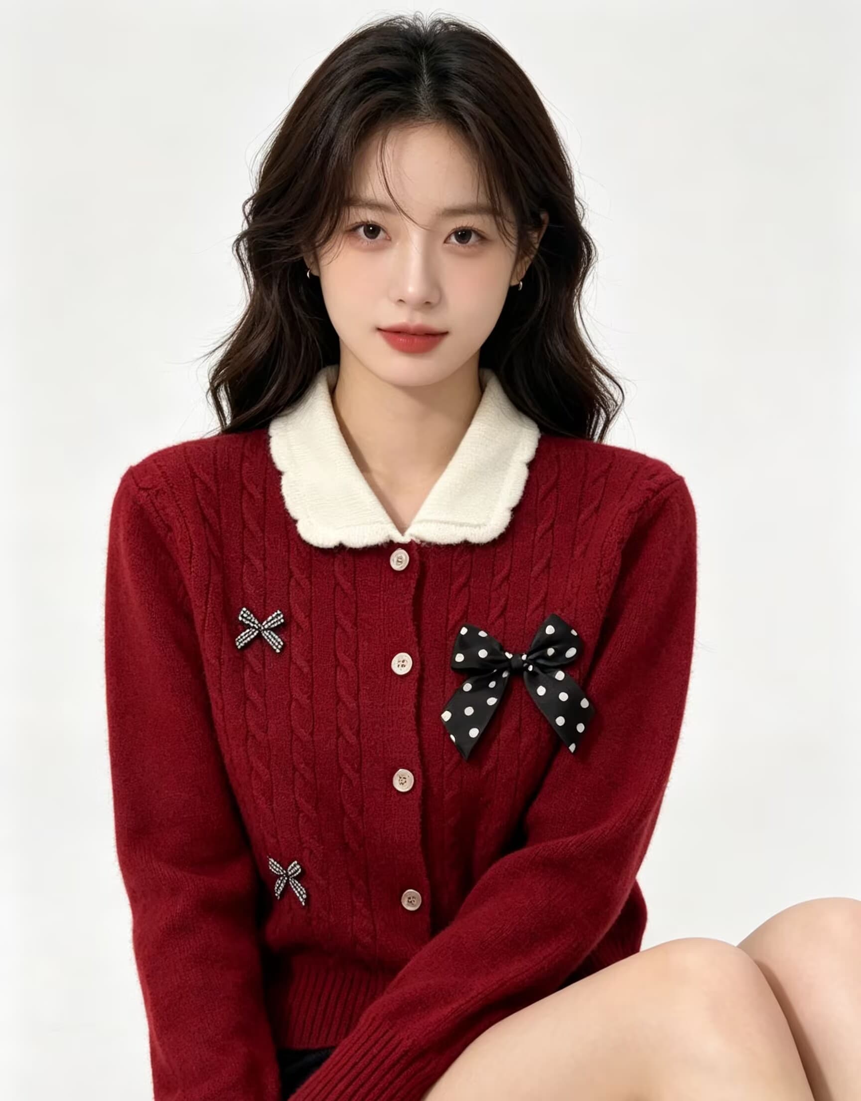 니트 오픈 가디건 여성 겨울 새로운 나비 매듭 단색 달콤함 귀여운 캐주얼 보온 스웨터 코트 상세 이미지 11