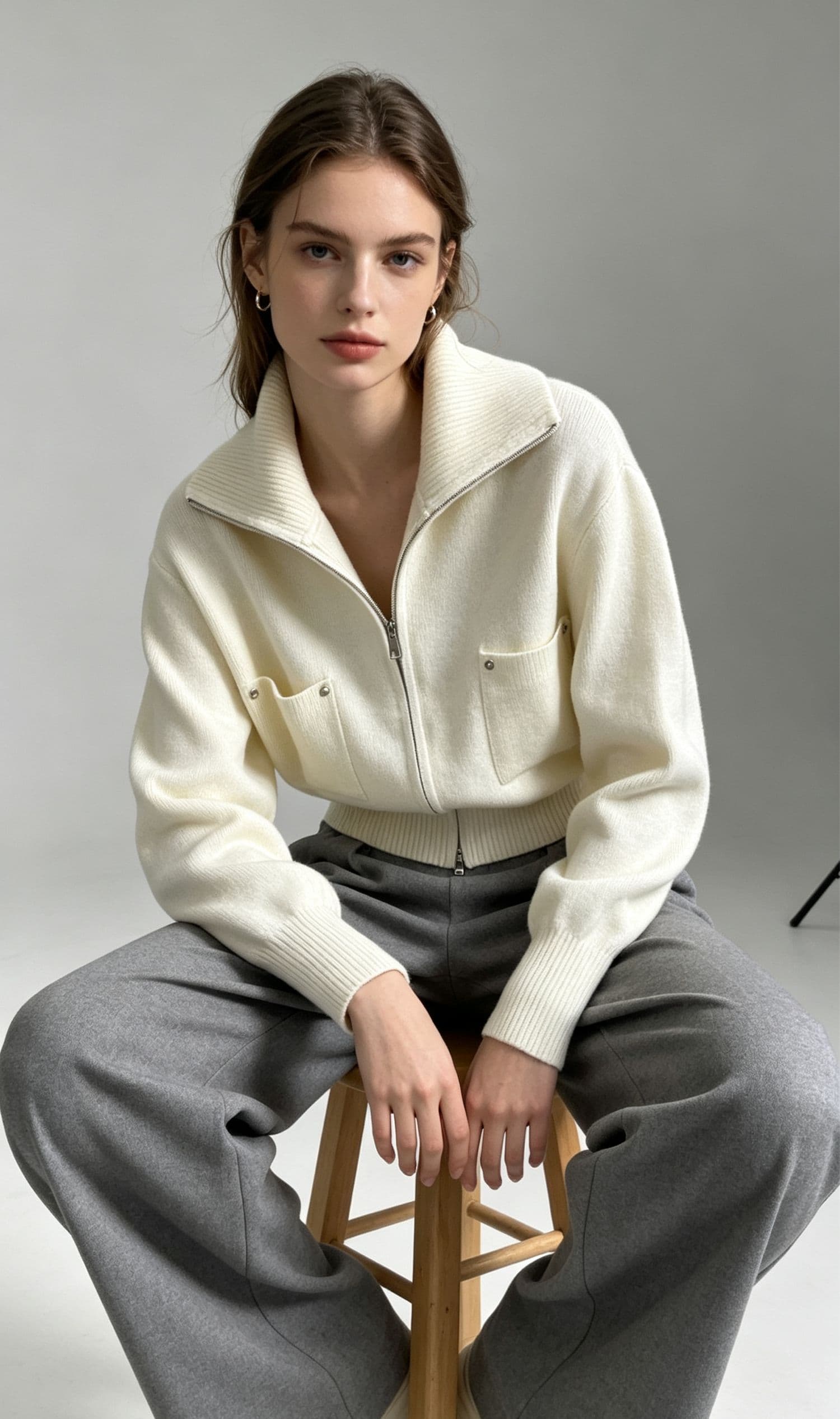가을 겨울 디자인 센스 작은 대중 더블 지퍼 긴팔 니트 스웨터 여성 패션 폴로 칼라 재킷 Chic 허리 수축 맨위 이미지 2